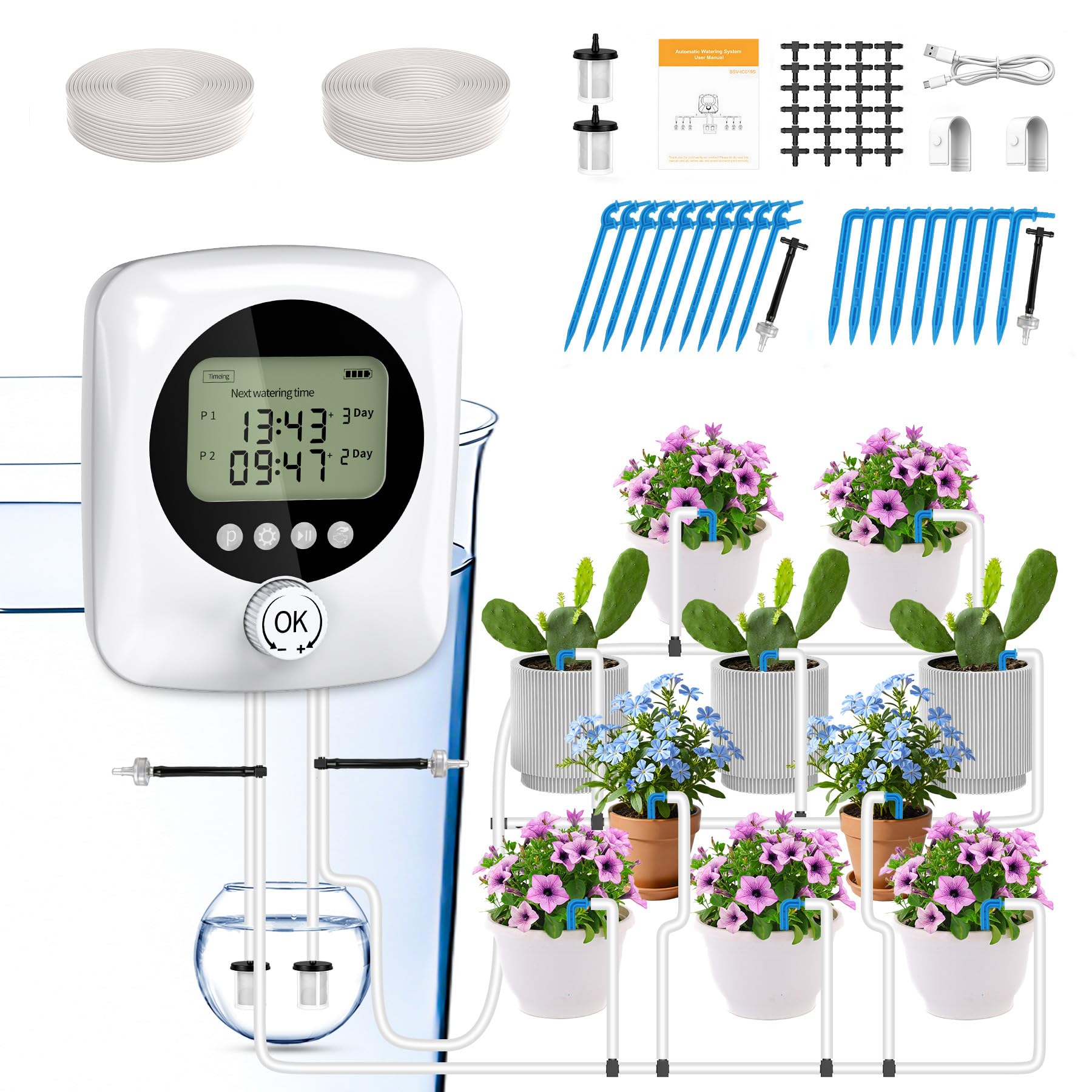 Riego por Goteo Automático Doble Bomba, Kit Riego por Goteo Recargable USB-C con Batería 4400mAh, Temporizador Ajustable Caudal 800ml/min, 20m Tubo+30 Goteros para Jardín Balcón
