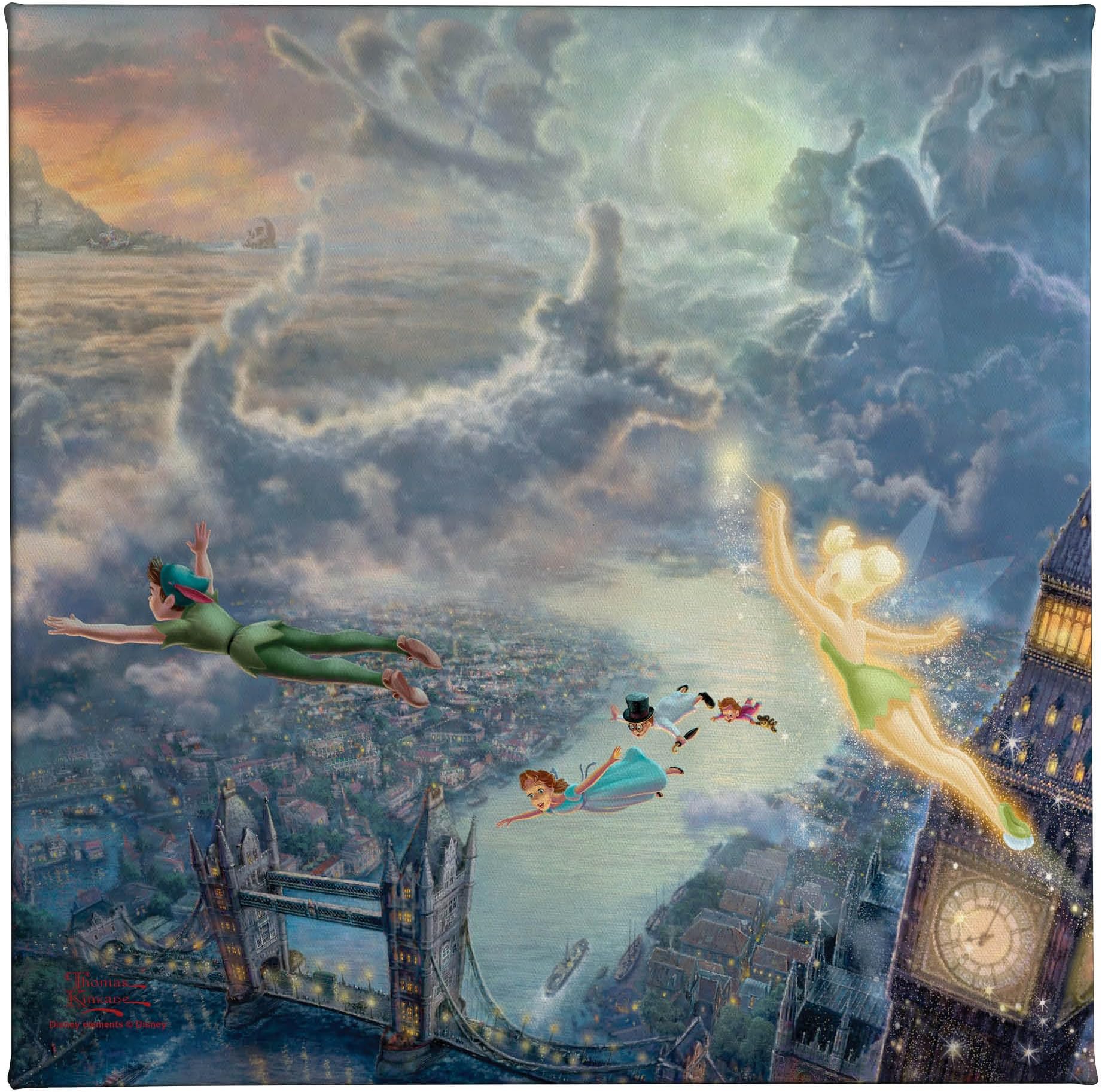 Thomas Kinkade Disney Tinker Bell and Peter Pan Fly to Neverland 14" x 14" Gallery Wrapped Canvas | Frameless Room Wall Art | Certificate of Authenticity Included