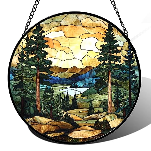 Stained Glass Window Hanging Forest Lake Mountain Sunset 6.3" -