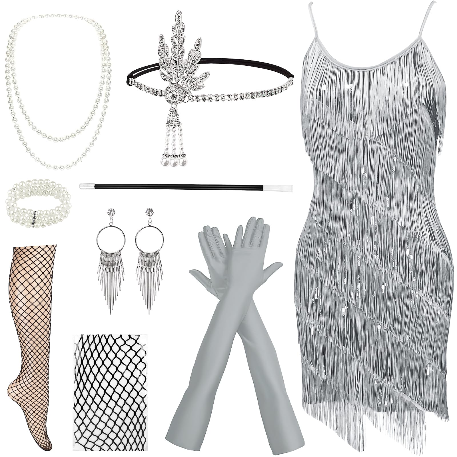 XJGQZ 8 Pack Women's 1920s Sequin Fringed Vintage Flapper Dress Cocktail Party Dress with 20s Accessories Costume Set (Silver, L) — image 1