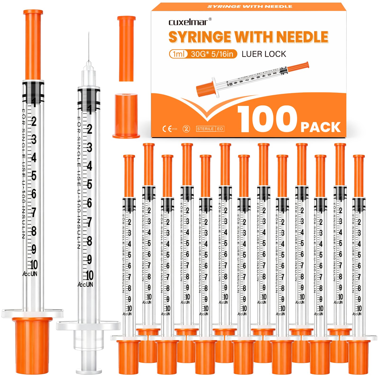 Photo 1 of 1ml/cc 30G 5/16" Jeringa, U-100 Lab Tools, Individual Wrapped (Orange, 100pc)