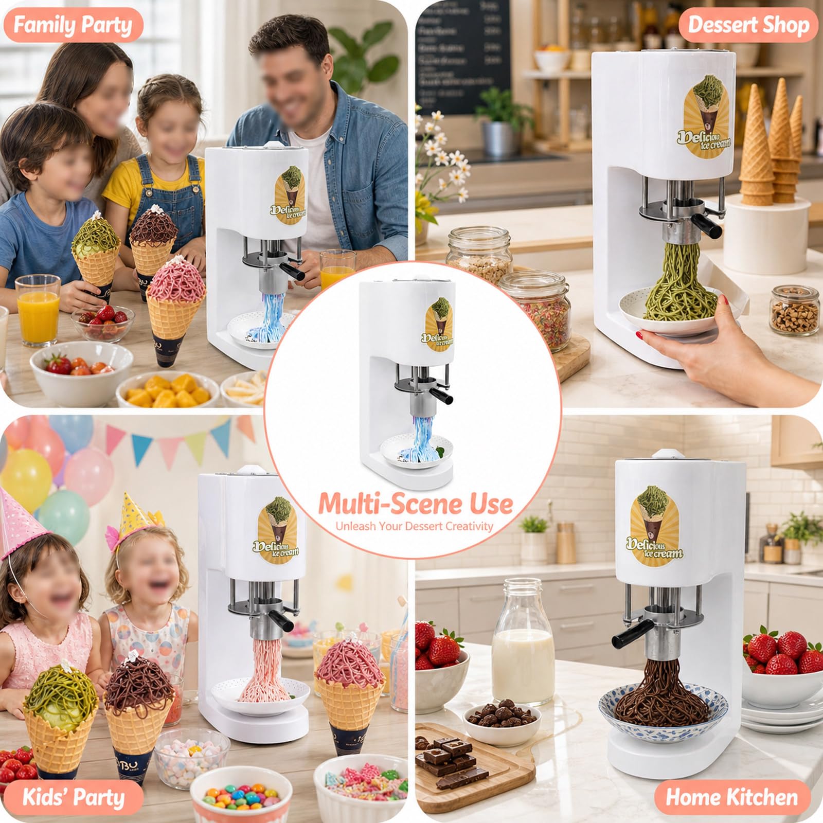 Máquina Profesional Spaghetti Helado, Máquina Comercial Hacer Helado Espagueti 80w, CREA Diferentes Formas de Postre, Soporte Antideslizante, para Eventos y Catering Privado White