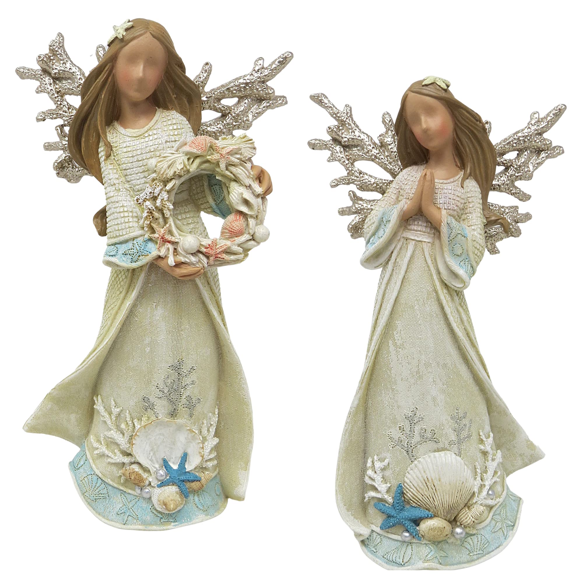 NeedzoSet of 2 Coastal Christmas Angel Figurines Tabletop Decor, Nautical Angels with Seashell Details, Holiday Decorations for Beach Houses and Vacation Homes, 9.75 Inches