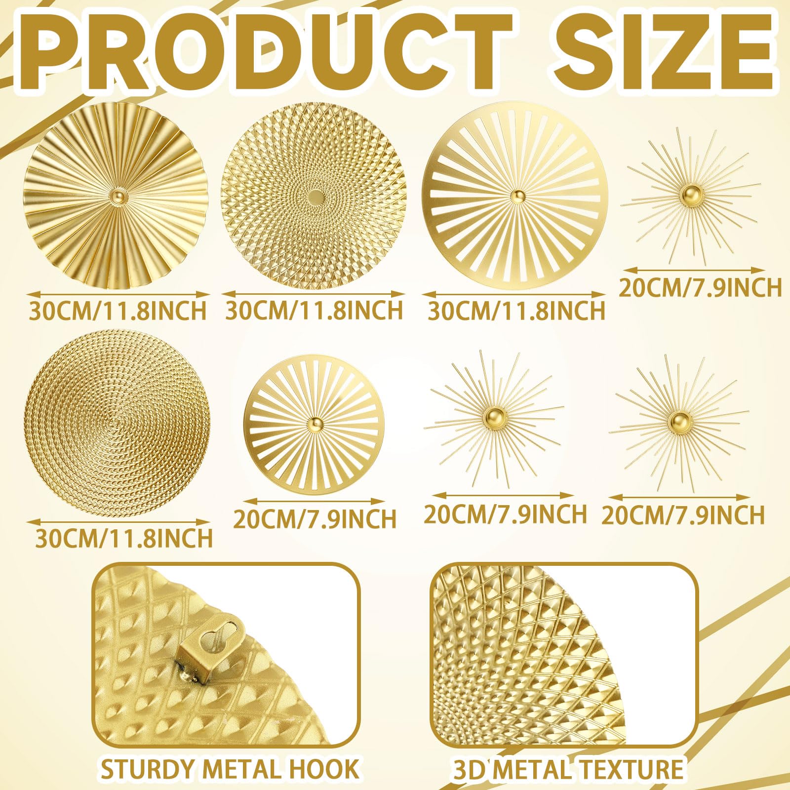 Lingvee 8-Piece Gold Metal Wall Decor - Starburst Radial Plate Wall Art, 7.87" To 11.81"