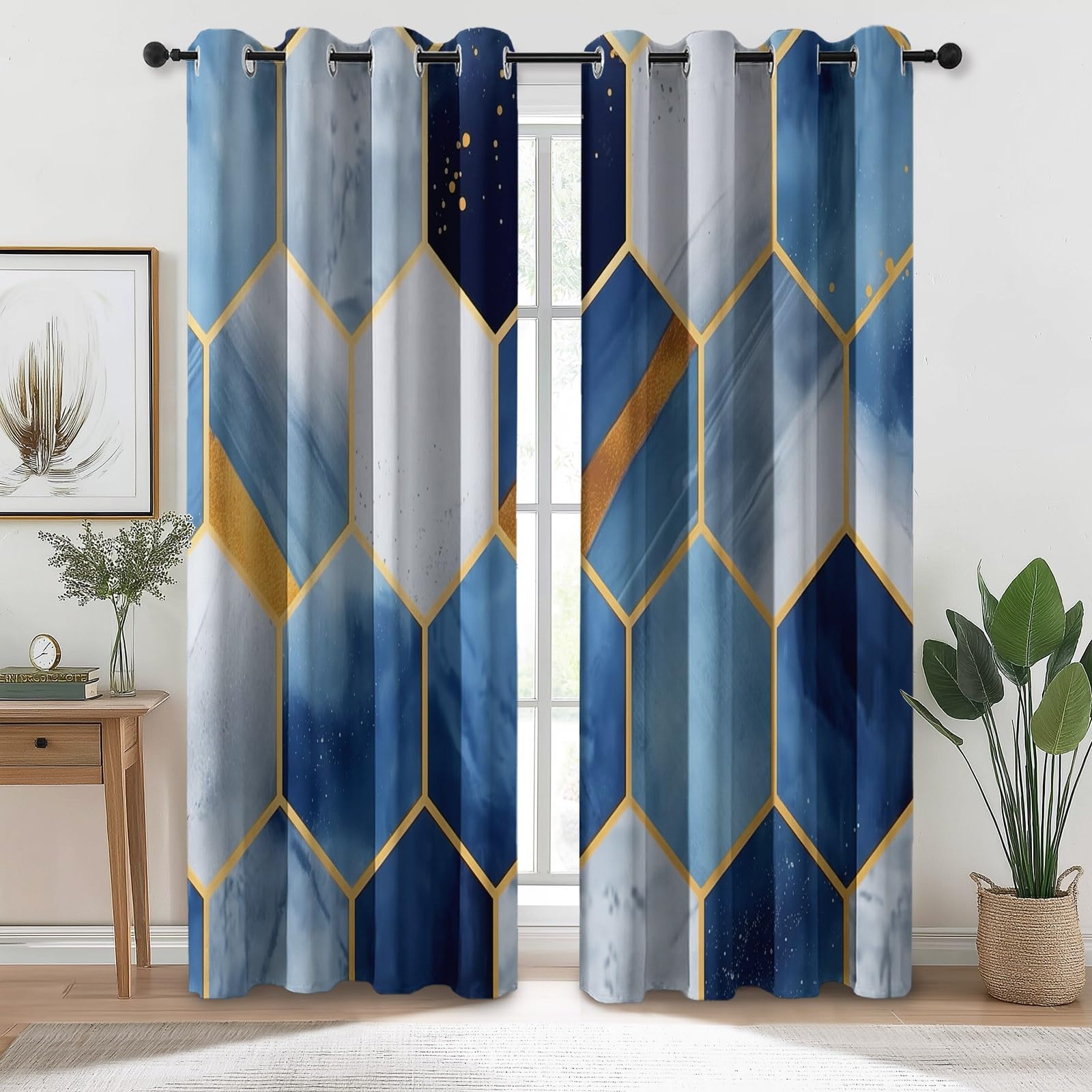 Décoration Géométrie Abstraite Hexagones, Rideaux Longs 140L X 260H cm (2 Panneaux), Tissu Occultant Thermique pour Baie Vitrée, Bleu
