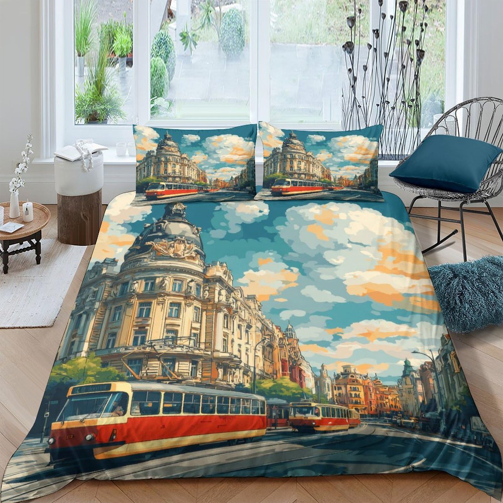Ctjqhvkz Style-2 3D Printed Cityscape Tram Fitted Sheet Microfiber Soft Breathable Urban Landmark Bed Cover For Bedroom Guest Room Decor Single（135X200cm）