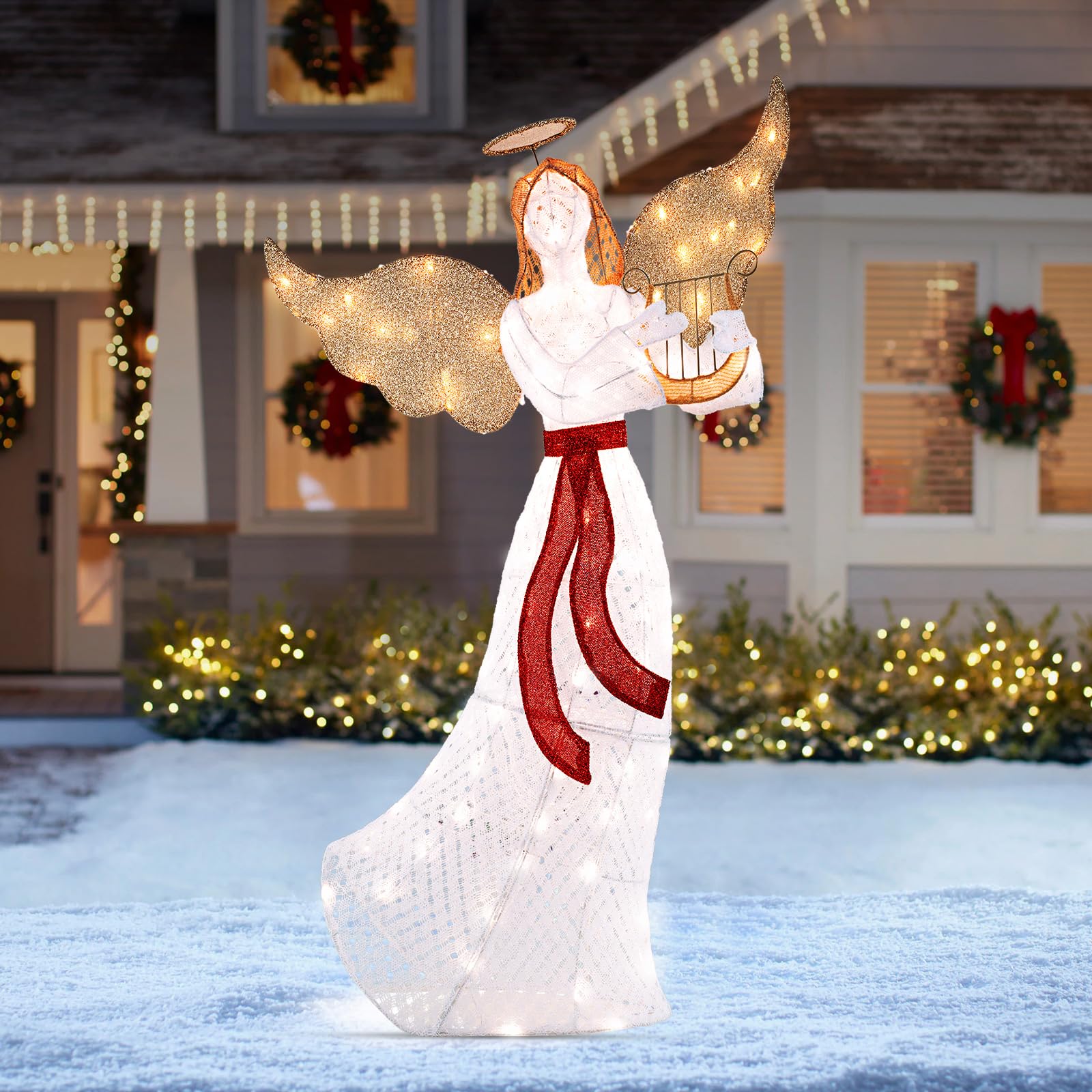 GOPLUS 150cm großer LED Engel mit Harfe, beleuchteter Weihnachtsengel warmweiß mit 120 LED-Lichtern, Weihnachtsbeleuchtung Figur Engel für Außen Innen Weihnachten Dekoration