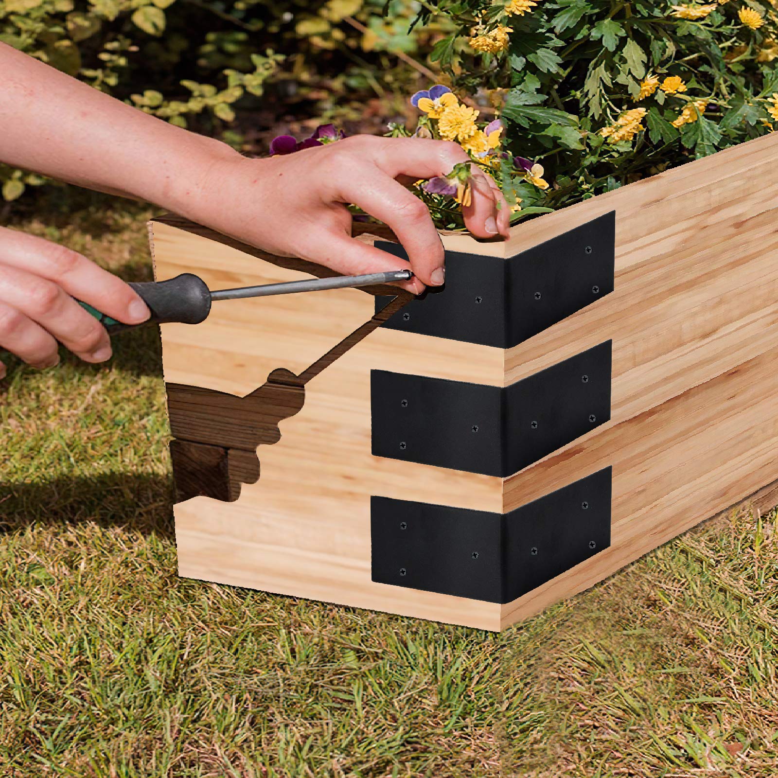 16 Pcs Garden Bed Corner Bracket Black Predrilled Metal Garden Bed Corner Braces with M4 ×