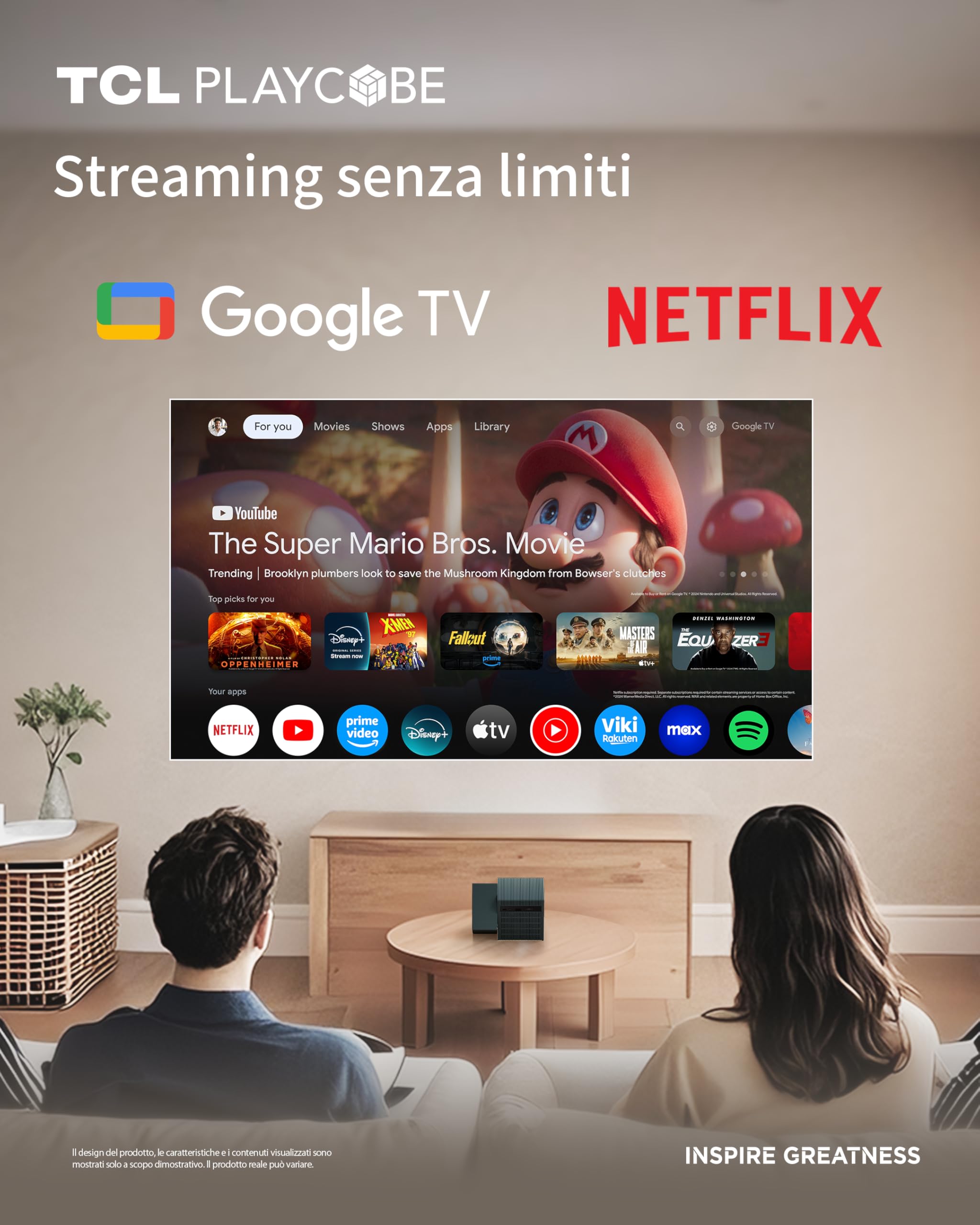 TCL PlayCube Proiettore 4K FHD - [GTV/Netflix/Disney] Mini Proiettore Portatile, 750 Lumen ISO, Wifi e Bluetooth, Auto Focus, Keystone, Regolabile a 360°, per Home Cinema, Interni, Esterni, Gaming