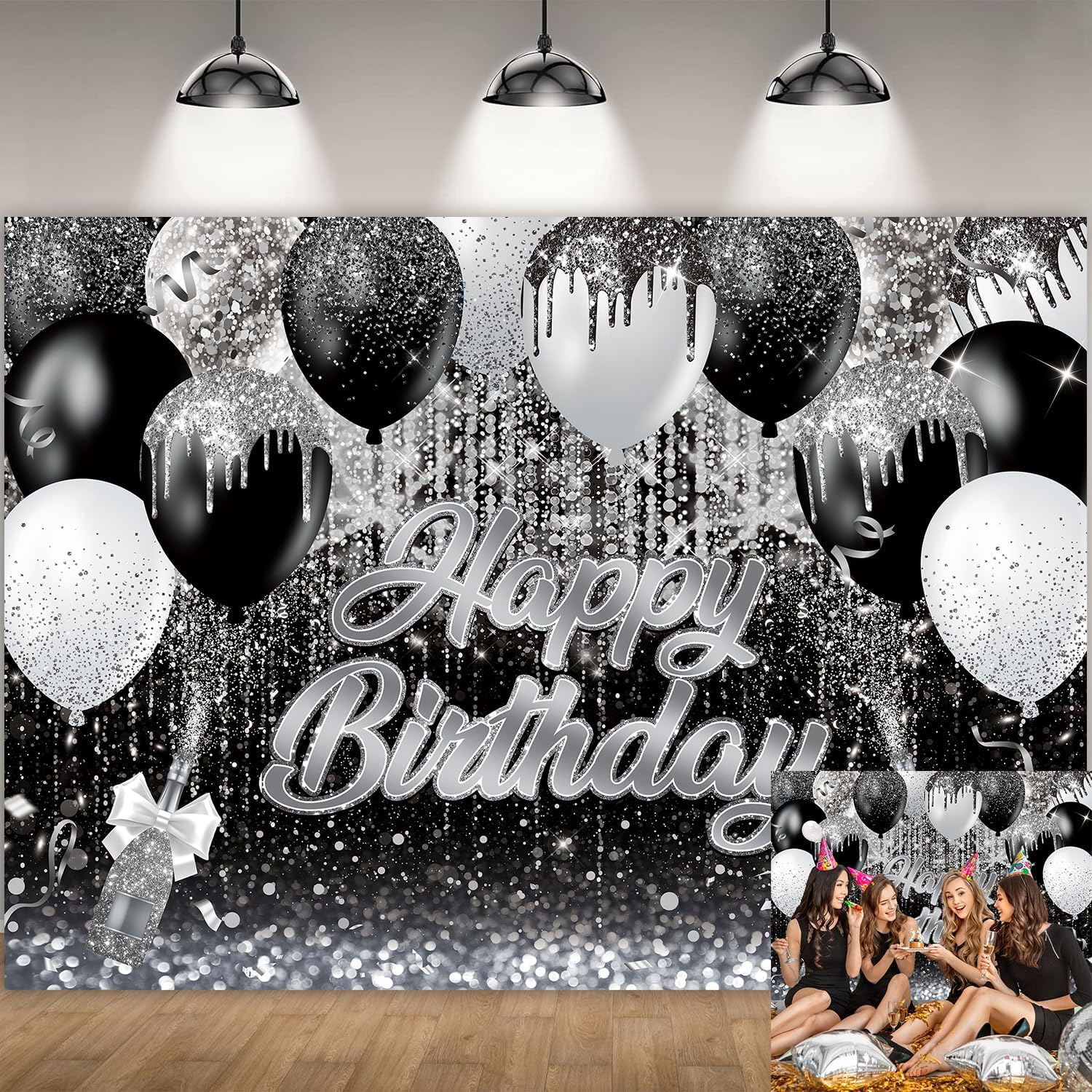Silver Happy Birthday Backdrop Black Glitter Silver Sequin Dots Bokeh Photography Background for Men Women Birthday Party Decorations Cake Table Dessert Table Banner (7x5FT（210x150cm）)