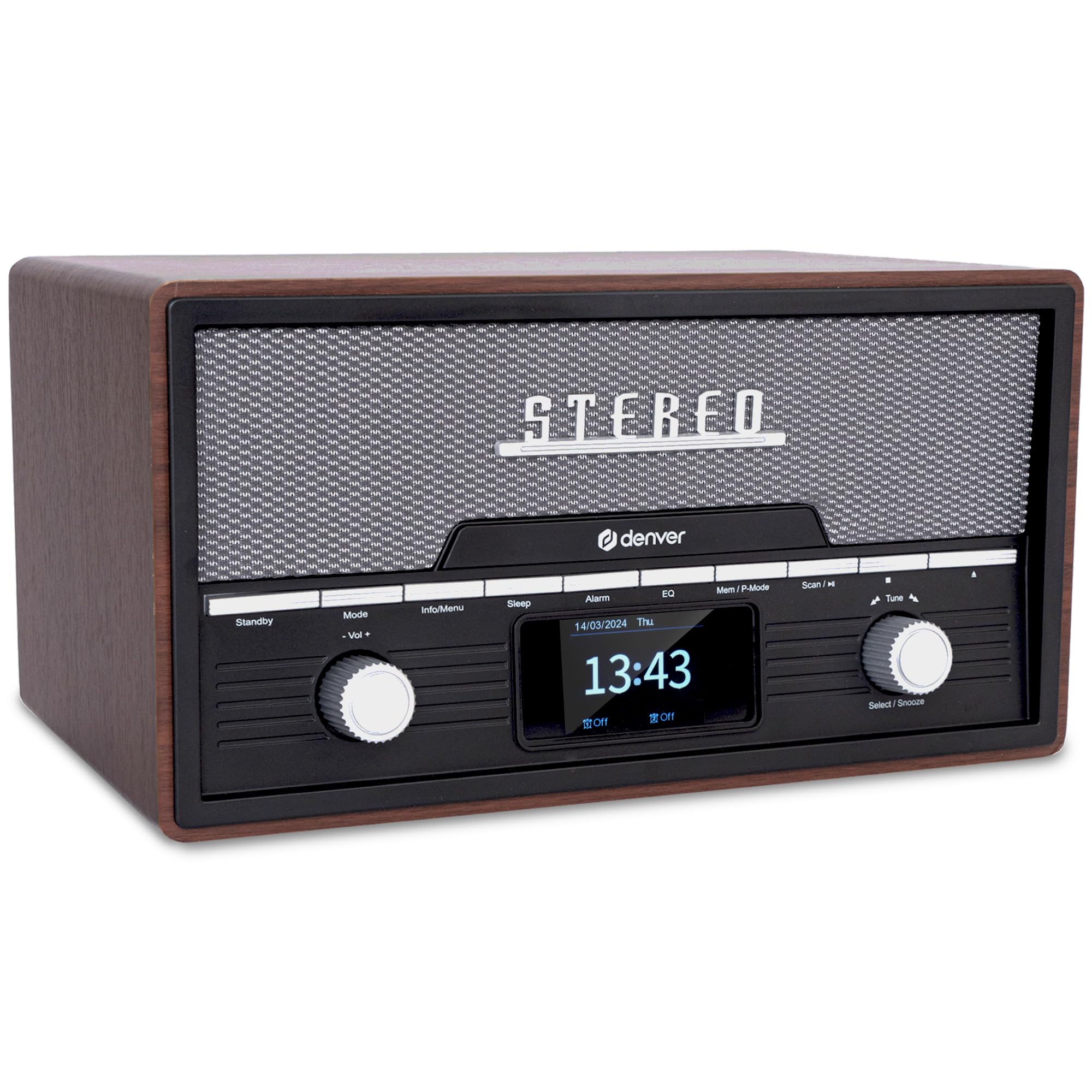 DENVER MDA-525DW Retro Mikro HiFi Anlage - DAB+ & FM Radio - CD-Player - Bluetooth - USB-Anschluss - AUX-Eingang - Weckerfunktion - Kompakte Stereoanlage im Holz Design | All-in-One Holzkonstruktion, 2x50W, Elegantes Retro Design, Für Wohnzimmer, Büro