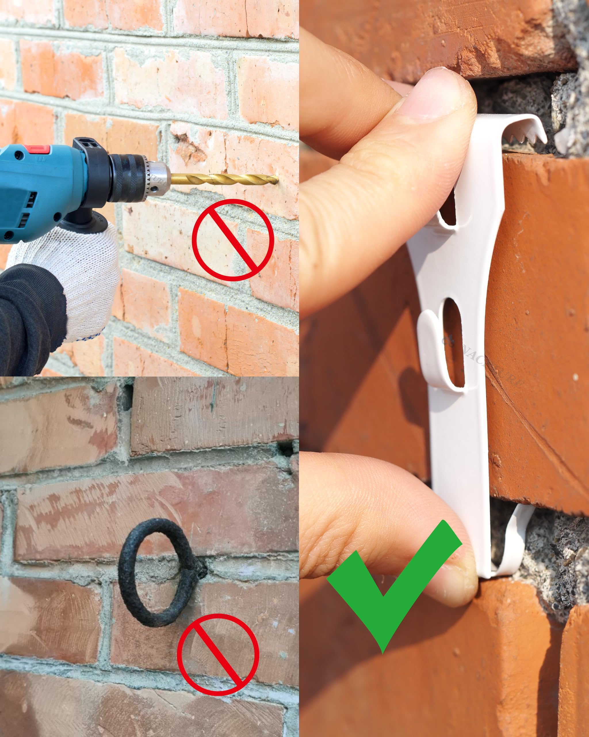 NACETURE Clips de gancho de ladrillo (paquete de 6) ganchos de ladrillo para exteriores, clips de pared para colgar, montaje en ladrillo sin taladrar, ganchos de metal resistentes para decoración