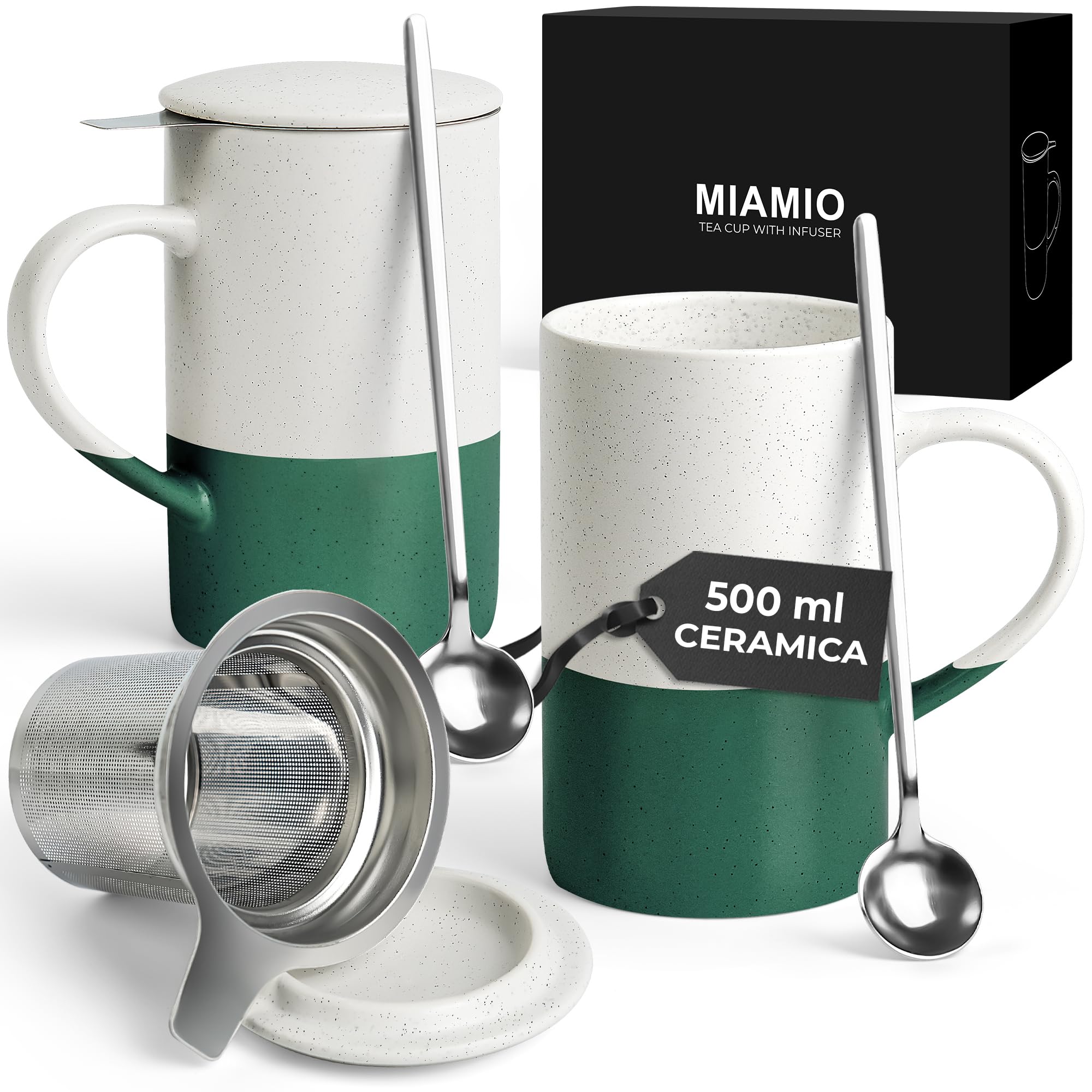 MIAMIO - Set di tazze da tè 2 x 500 ml con infusore e coperchio/Tazza da tè in ceramica con infusore e cucchiaio per la macerazione del tè in foglie, regali per gli amanti del tè (Verde scuro)