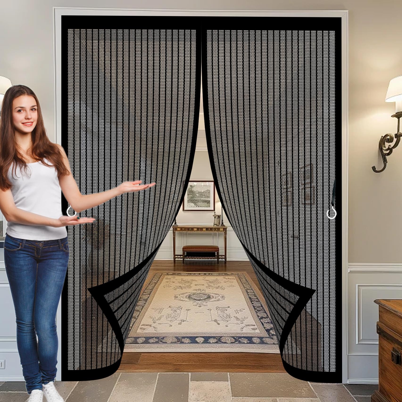 Magnetic Screen Door 195 x 225 cm Powerful Magnets, No Drill Installation, Automatically Closes, for Keeping Out Flies & Bug Patio Door Nets Insect Mesh for Patio Doors Balcony, Black