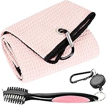 Mile High Life Microfiber Waffle Pattern Tri-fold Golf Towel | Brush Tool Kit with Club Groove Cleaner, Retractable Extension Cord and Clip (Pink Towel+Pink Brush)