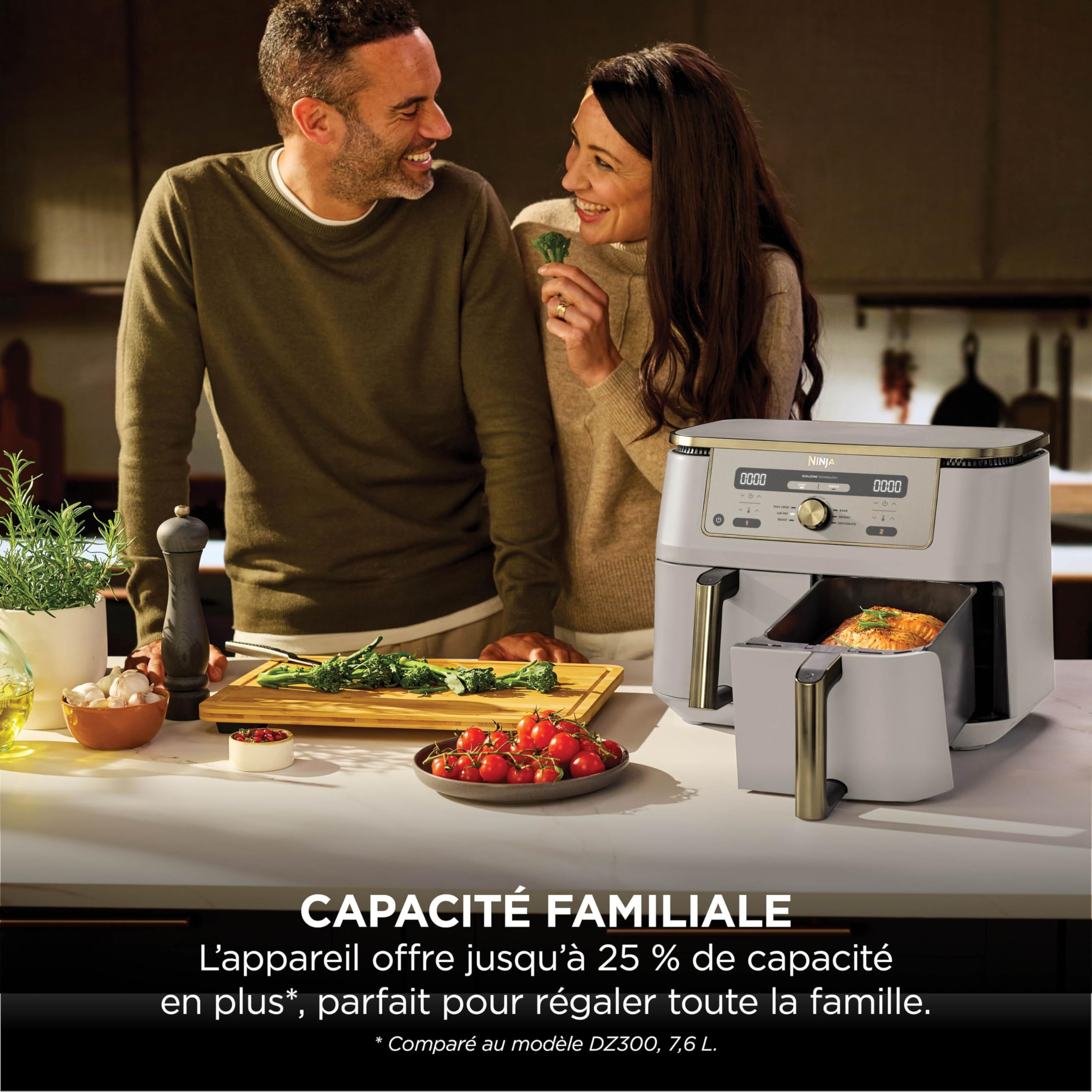 Ninja Air Fryer Dual Zone MAX numérique, Friteuse à air chaud grande capacité, 9,5 L, Sans huile, Air Fry, Croustillant max, Cuire au four, Rôtir, Déshydrater, Réchauffer, Stone/or, DZ400EUSTGD