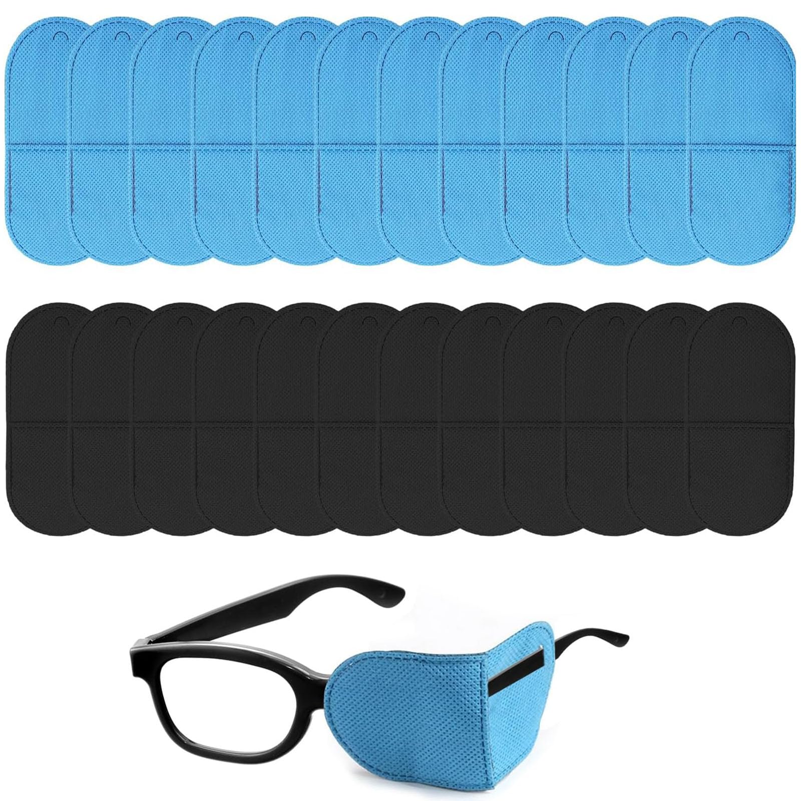 HoAhaMay 24 Stück Augenklappen Set für Brillen, Wiederverwendbar Augenklappe, Medizinisch Vliesstoff Eye Patches, für Kinder und Erwachsene, für Amblyopie, Strabismus, faule Augen (Schwarz, Blau)