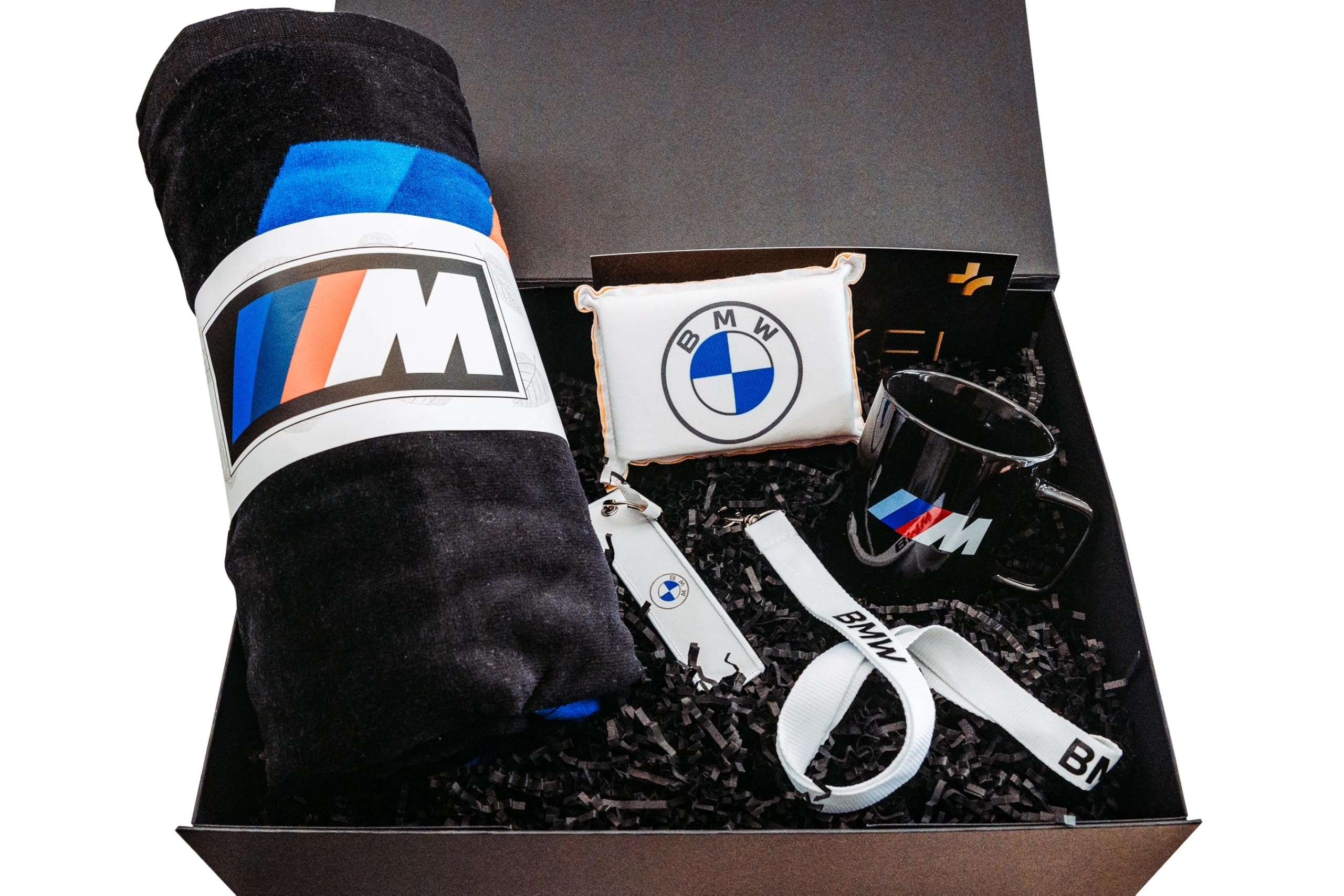 BMW Set de regalo de 5 piezas en caja de regalo exclusiva, esponja de disco, cordón textil, paño de algodón, taza M, caja de cierre magnético de alta calidad, toalla