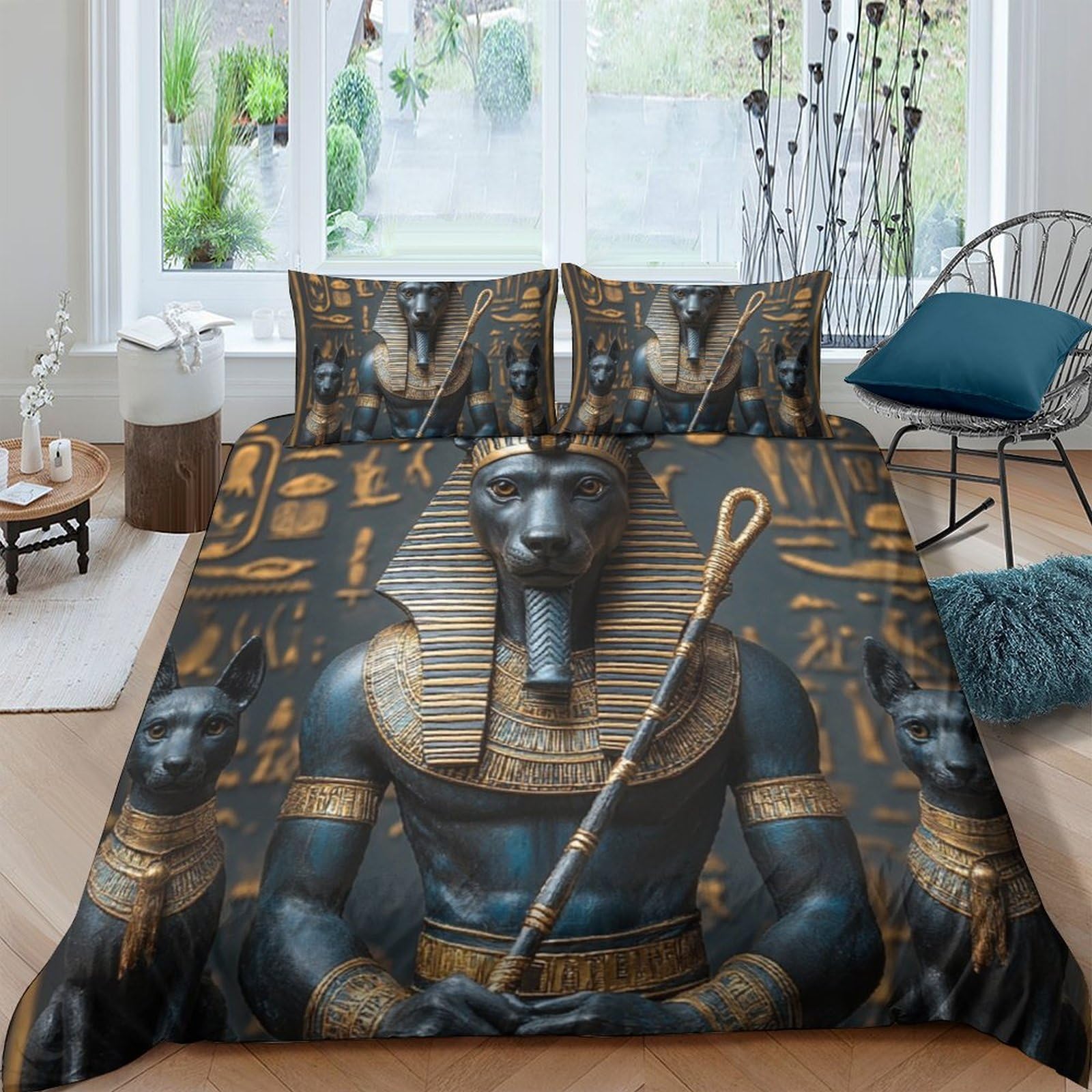 Ctjqhvkz Style-9 3D Printed Egyptian Pharaoh Fitted Sheet Microfiber Soft Gold Blue Ancient Egypt Bed Cover For Bedroom Decor Single（135X200cm）