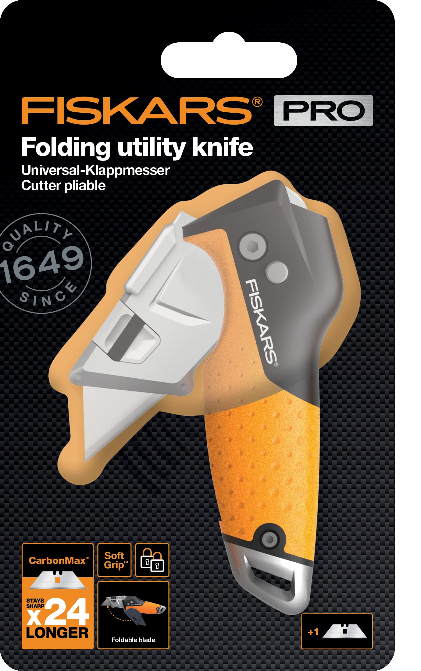 Fiskars Taglierino universale pieghevole, Lunghezza 17 cm, Acciaio inossidabile/Plastica, Nero/Arancione, CarbonMax, 1027224