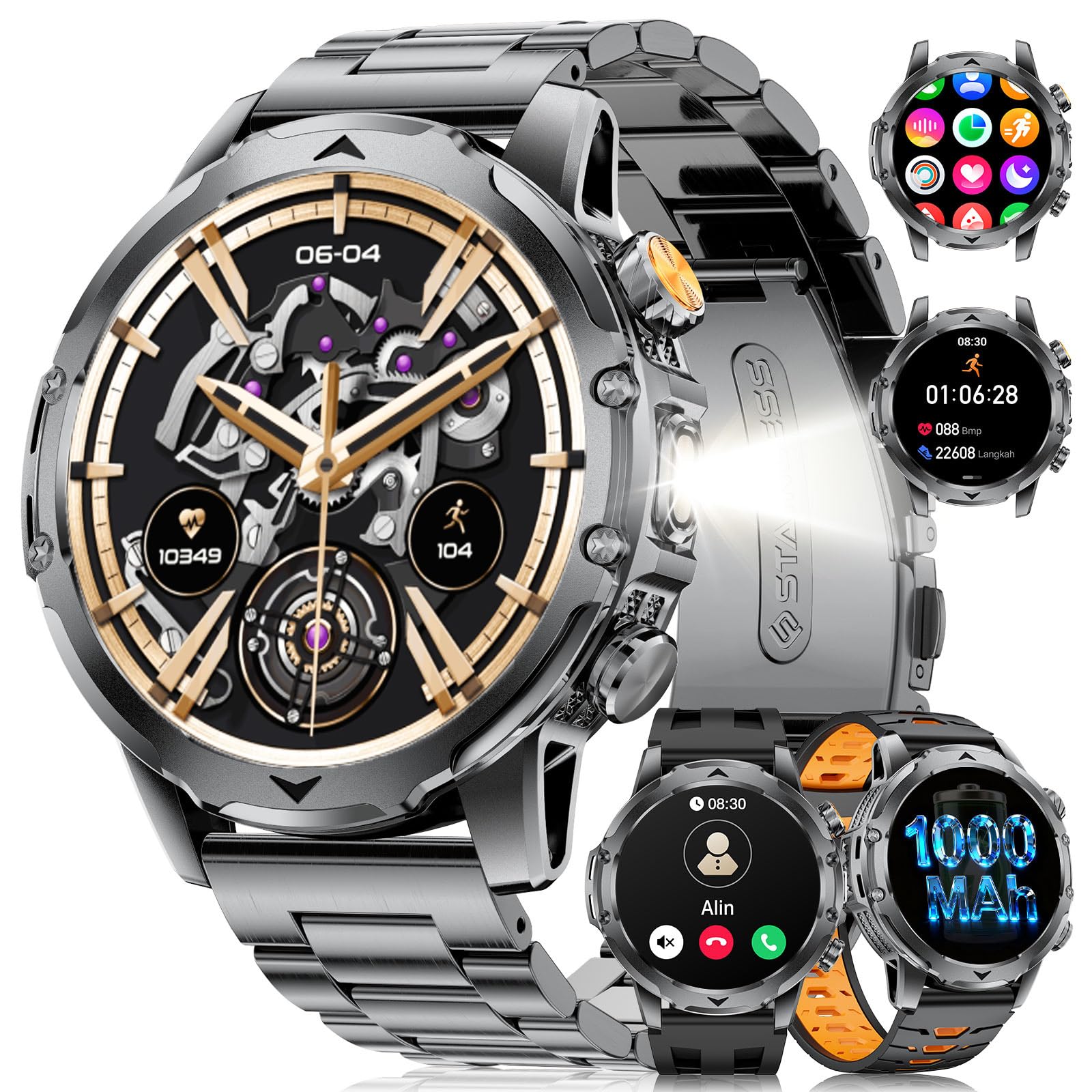 FitVigor Smartwatch Herren Militär-1000mAh/1.53'' HD Große Display/LED-Licht,3 Armbändern/Fitnessuhrmit Taschenlampe/120+ Sportmodi,Fitnessuhr mit Herzfrequenz/Schlafmonitor,für Android iOS