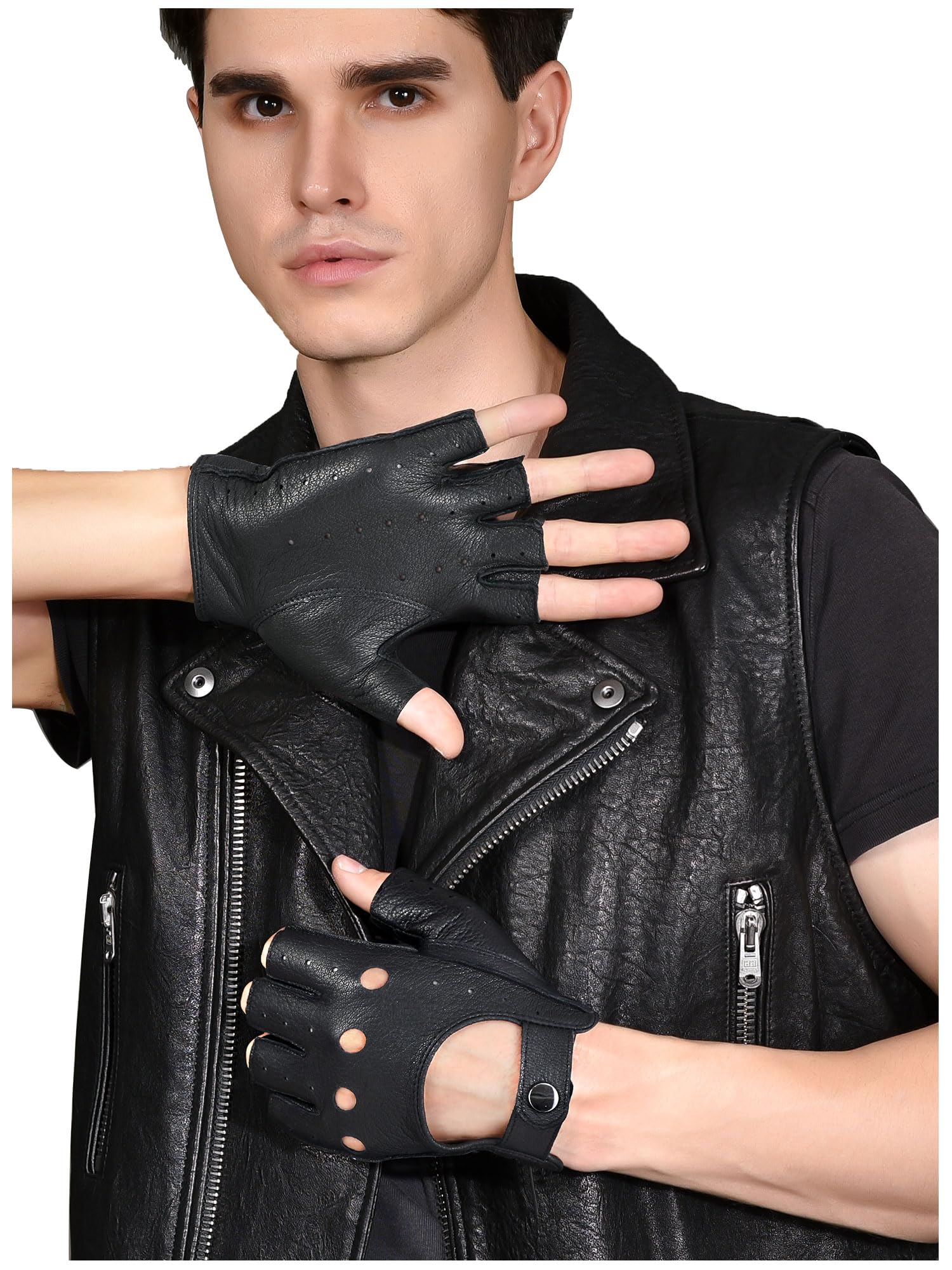 GSG SINCE 1998 Guanti Pelle Uomo Mezze Dita – Guanti da Guida Fingerless, Senza Fodera in Pelle Nero M