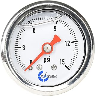 CARBO INSTRUMENTS Carbo Instruts 1-1/2" Fuel Pressure Gauge, Stainless Steel Case 304, Chrome Plated Brass Connection, Glycerin Filled, 0-15 Psi, Accuracy 3-2-3%, Back Mount 1/8" 15 Psi