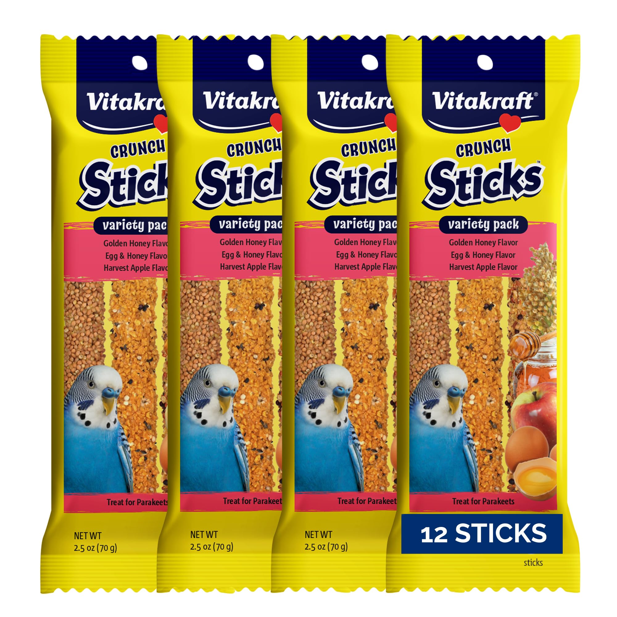Vitakraft Crunch Sticks Parakeet Treat - Triple-Baked Millet Parakeet Treats with Natural Wood Center - Crunchy & Nutritious Bird Treat Sticks for Small Animals (12 Count, Honey, Egg, and Apple)