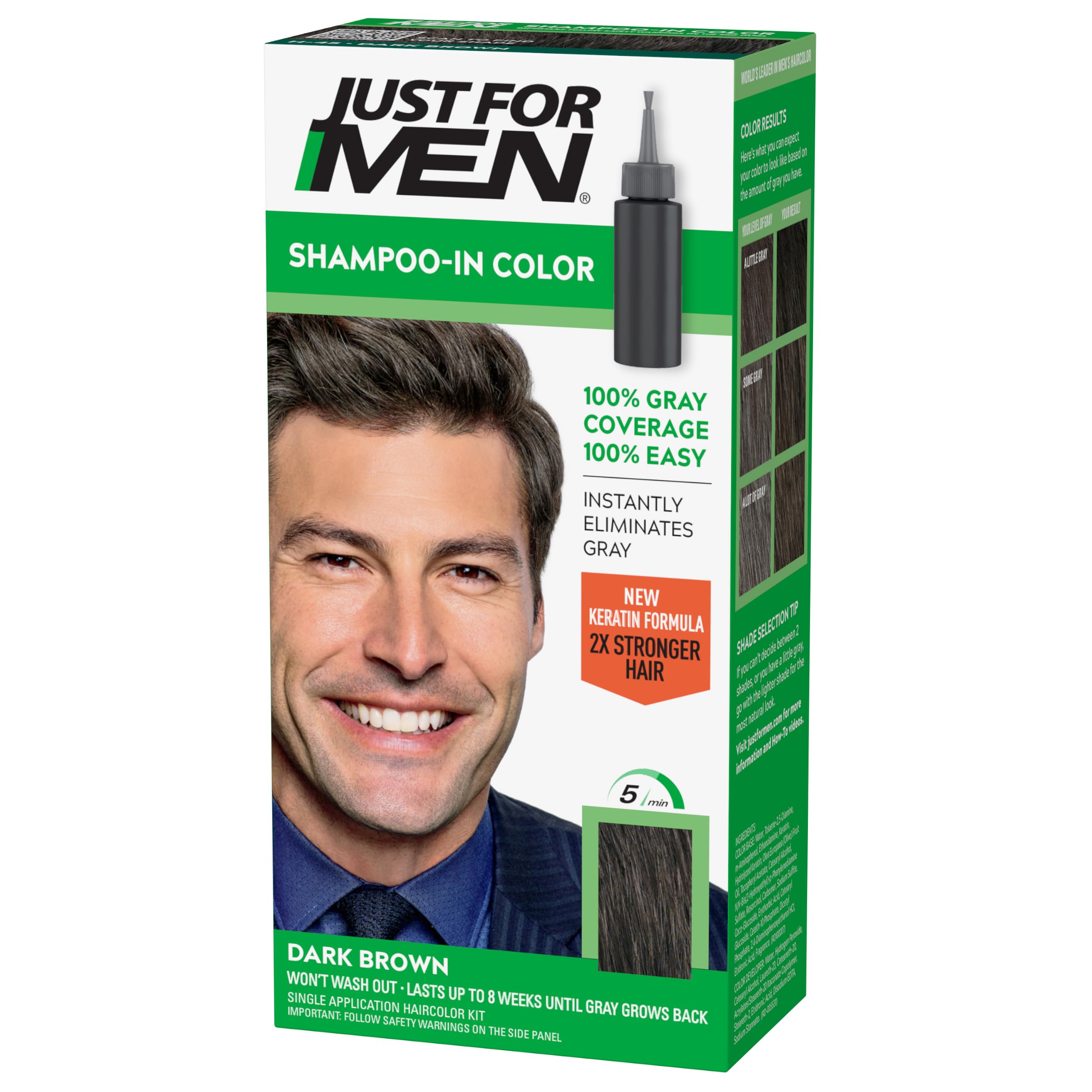 Just for Men Shampoo-In Color (Formerly Original Formula), Mens Hair Color with Keratin and Vitamin E for Stronger Hair - Dark Brown, H-45, Pack of 1 (Packaging May Vary)