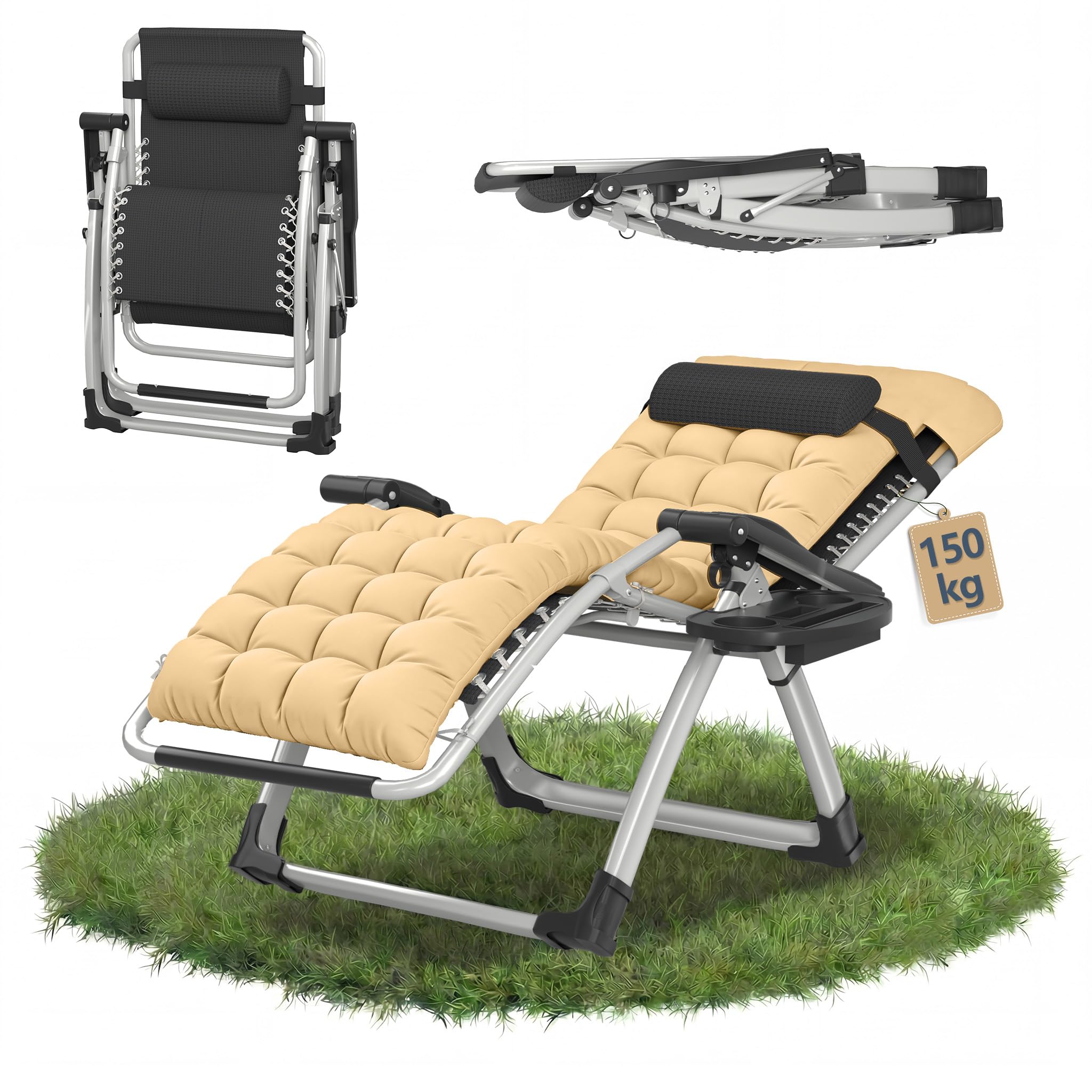 Yunvin Folding Sun Lounger, 2pcs Heavy Duty Zero Gravity Reclining Garden Chair with Removable Cushion, Headrest, Cup Holder and Side Pocket, Adjustable Backrest 90-170°, Supports 160kg, Beige