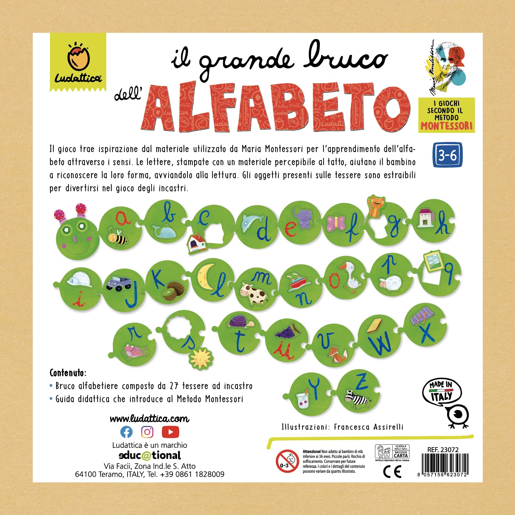 Ludattica - GIOCHI MONTESSORI - Il grande Bruco dell'alfabeto - 26 tessere giganti con effetto tattile - Gioco educativo bambini 3-6 anni per imparare l'alfabeto