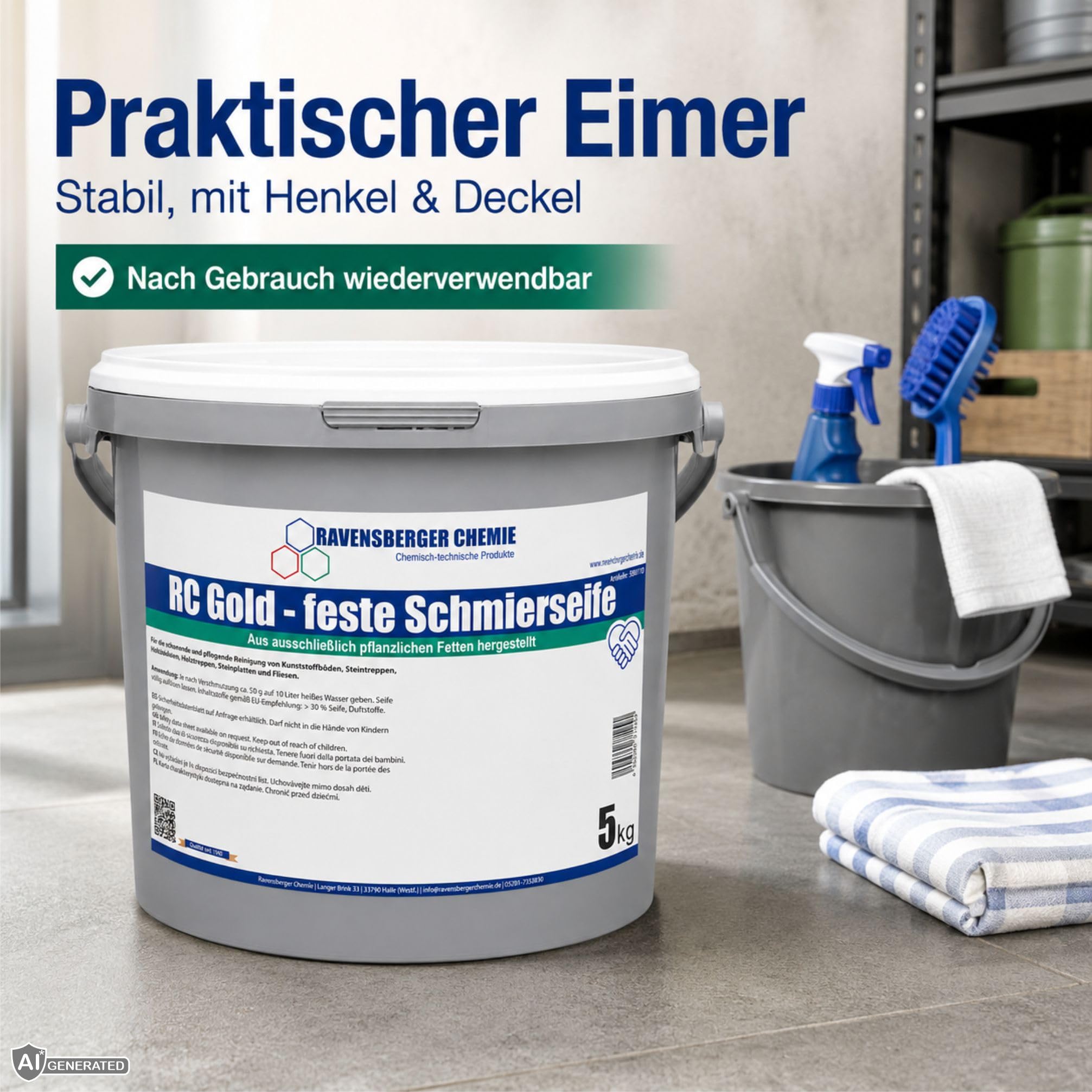 RC Gold feste Schmierseife 40% Seifenkonzentrat – Bodenreiniger & Schmierseife für Fliesen, Kacheln, Steinböden, Kunststoffböden & wasserbeständige Oberflächen - 10 kg Eimer