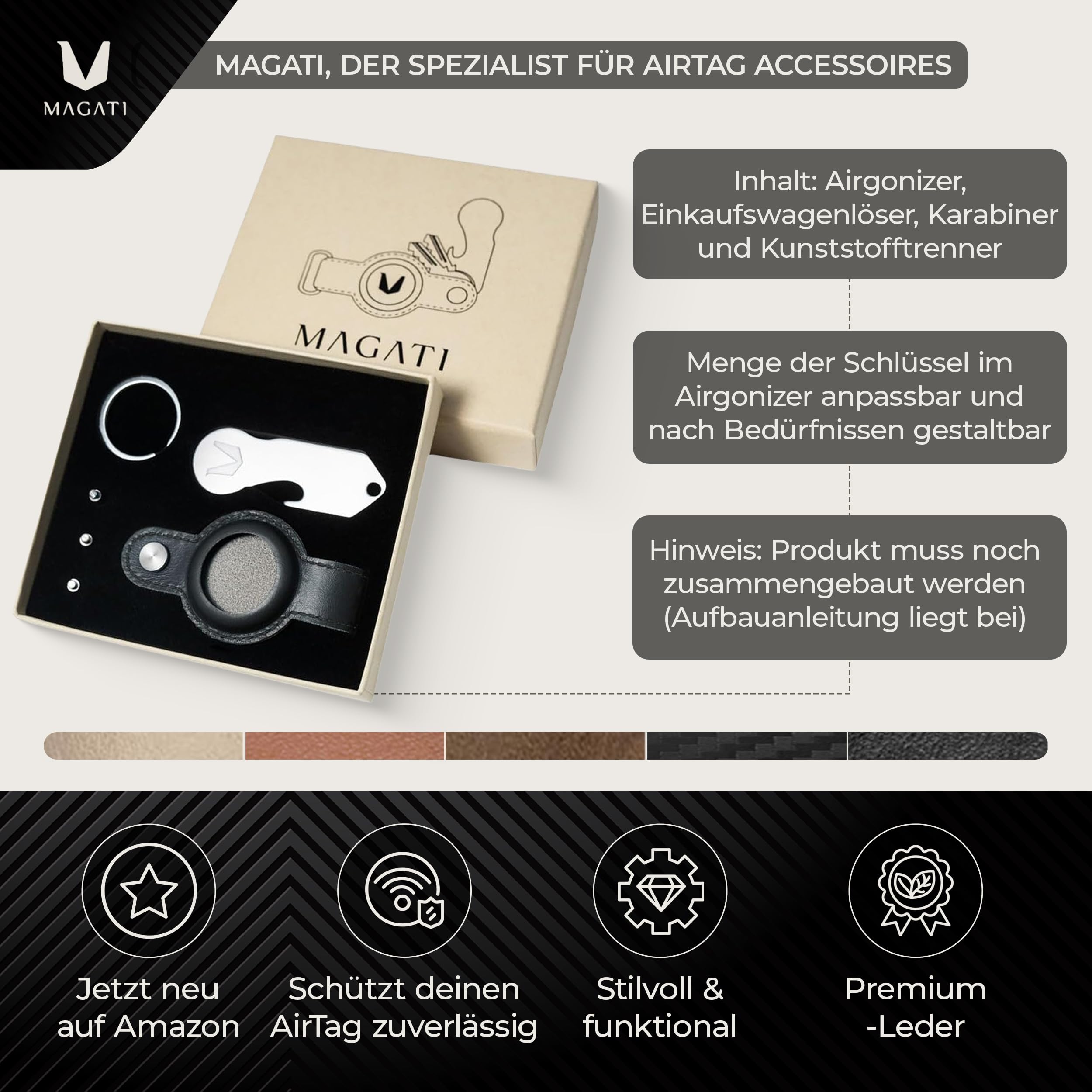 MAGATI Airgonizer (Schwarz) – Schlüssel Organizer mit AirTag Schlüsselanhänger aus hochwertigem Leder & Multitool – Kompatibel mit Apple Airtag 1 & 2 – 1 Jahr Code24 Fundservice inklusive