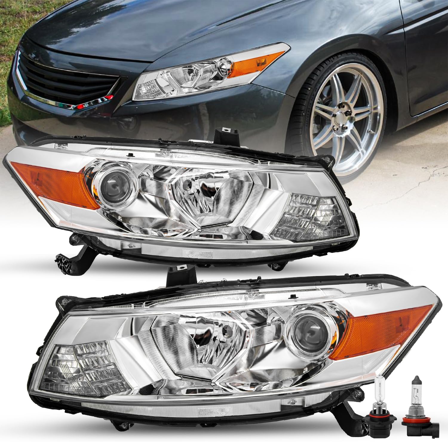SOCKIR Headlight Assembly Pair w/Bulbs Compatible with 2008-2012 Honda Accord Coupe 2-Door Projector Headlights (Black Housing with CLear Reflector)