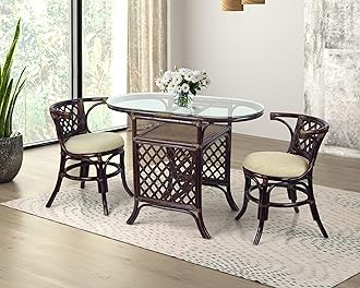 Borneo Compact Dining Set Dark Brown Color, Table with Glass Top + 2 Chairs with Cream Cushions, Handmade Natural Wicker Rattan Furniture