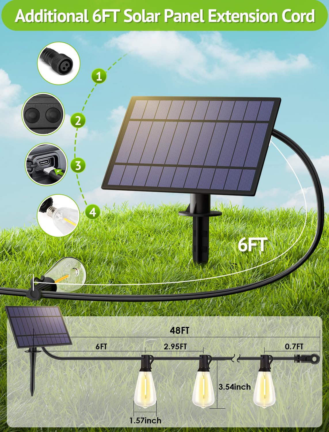 Larkvue Guirnalda de luces solares de 48 pies para exteriores con control remoto, luces de patio regulables impermeables con 15 + 1 bombillas LED ST38, 3 modos de iluminación colgante para patio