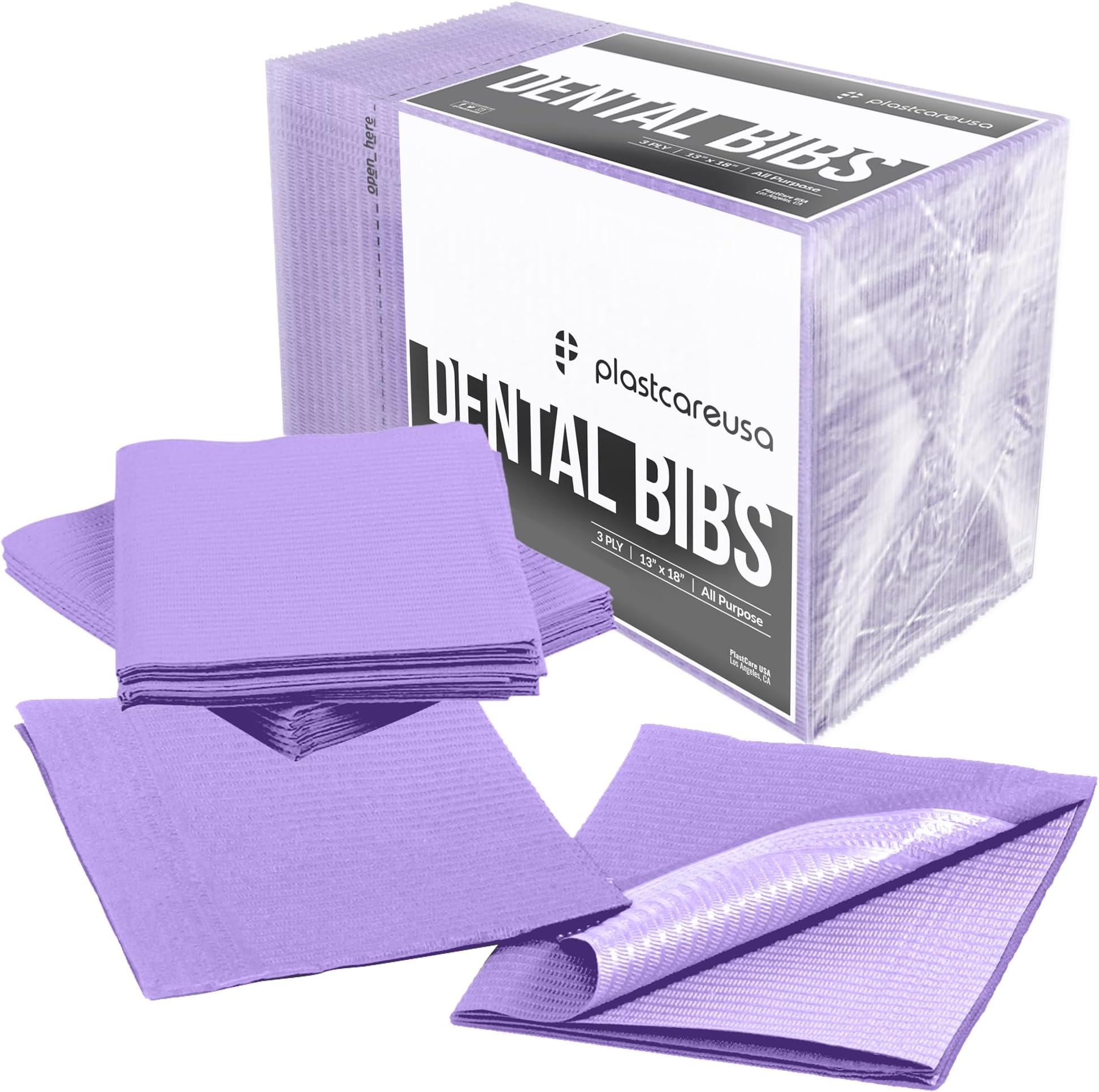 PlastCare USA Disposable Dental Bibs 13"x18" - 3 Ply Waterproof Tattoo Bib Sheet for Patients - Dentist or Medical Tray Cover and Nail Table Cover Supplies, Purple