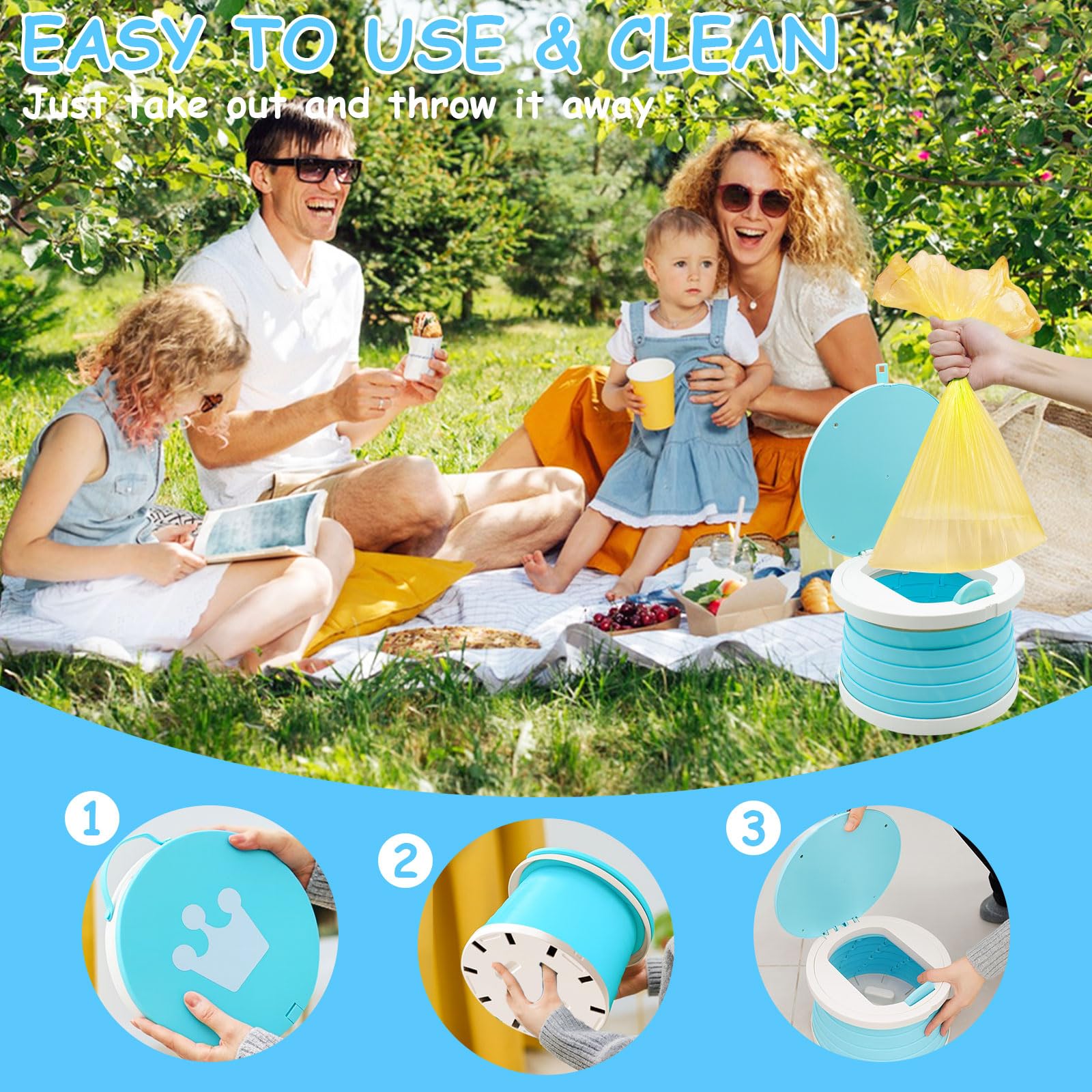 Siège Toilette Pliable, Pot de Voyage pour Enfant, Toilette Portable Enfant, Siège de Pot WC, avec Rouler Sacs, Sac de Rangement, pour Voyages Camping Voiture Plage Usage Familial (Bleu)