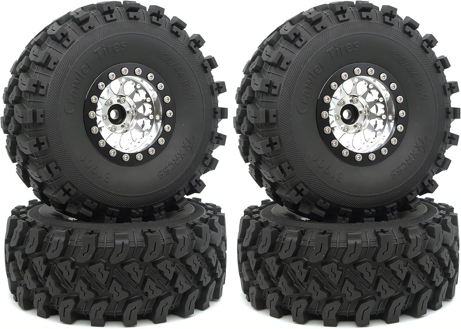 RC 1.9 Beadlock Wheels Negative Offsets 8mm and Tires for 1/10 SCX10 SCX10 SCX10 Pro TRX4 TRX6 Gen7/8 RC Crawler Remote Control Car Upgrades Aluminum 1.9 Wheel Rims (Silver Black) DK