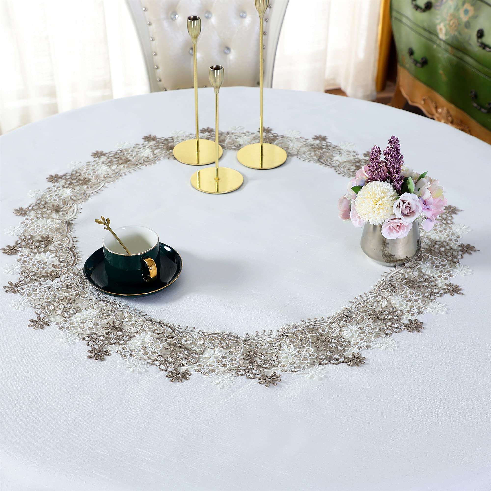 刺繍入りホワイト円形テーブルクロス 刺繍入りホワイト円形テーブルクロス