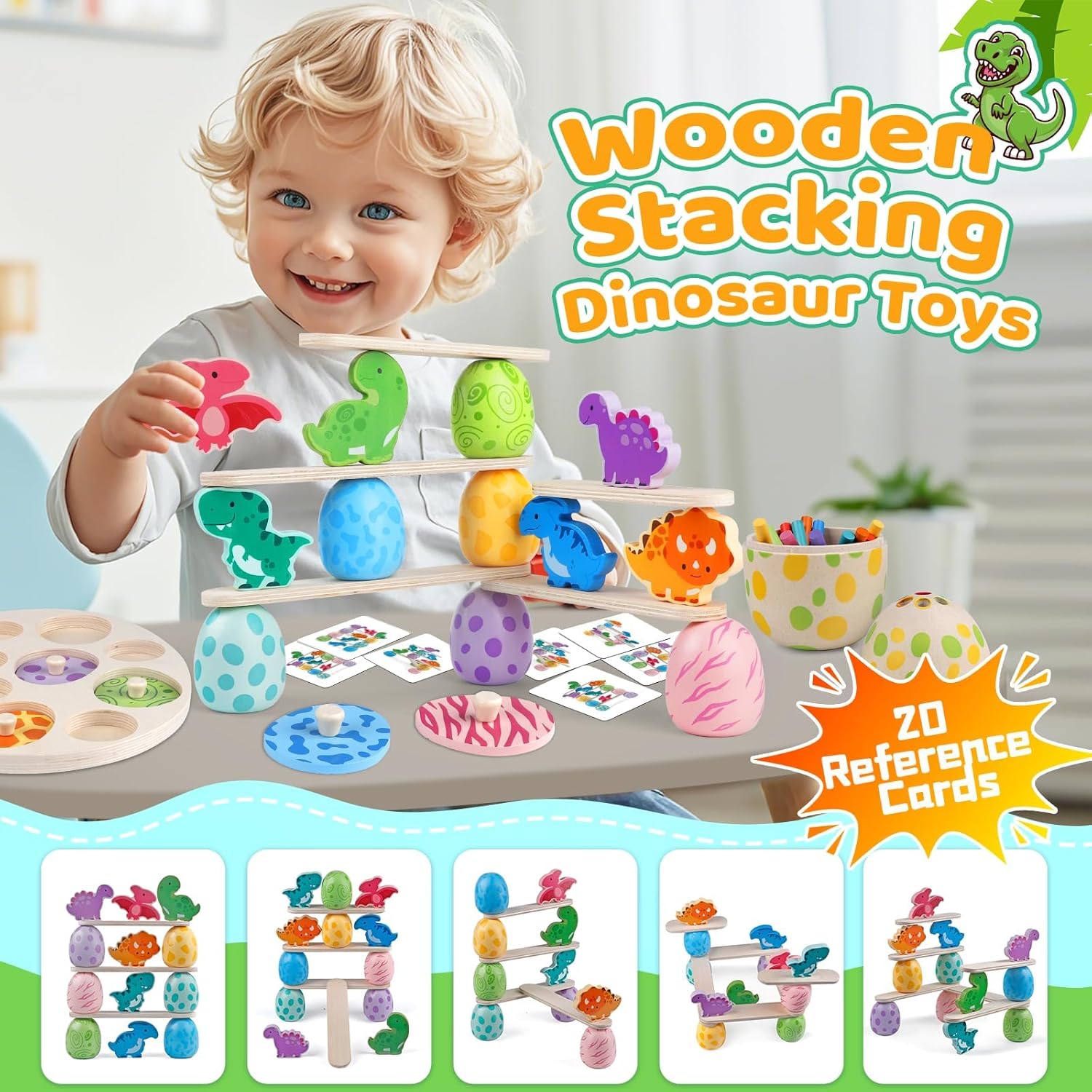 Montessori Dinosaur Toddler Toys Wooden Puzzles Gift for Ages 1 2 3 4 Year Old Kid Boys Girls Animal Dino Egg Toys, Wooden Blocks Stacking Sorting Toddler Fat Brain Easter Gift Preschool Learning