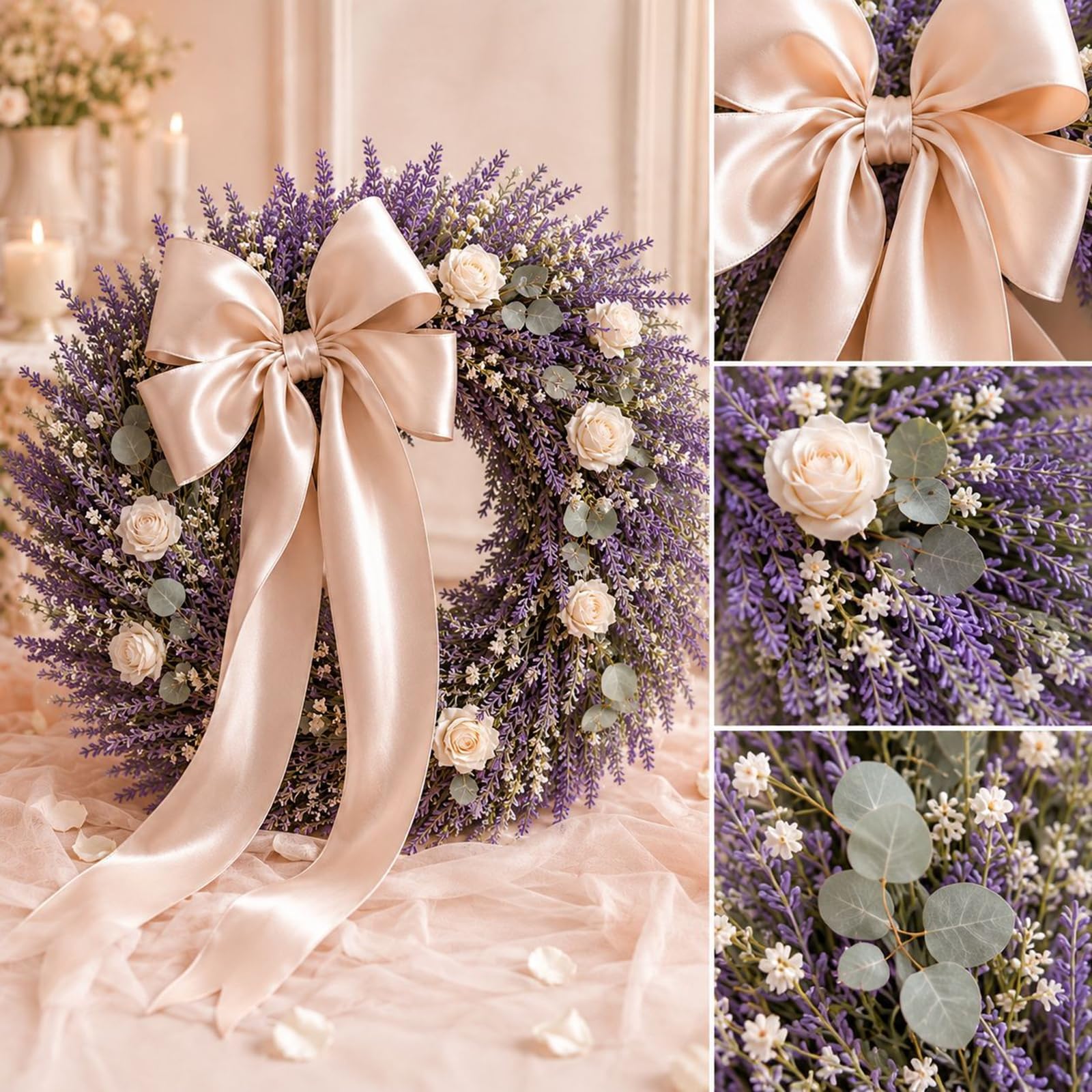 Künstlicher Lavendelkranz, 45/50 cm Lavendel Weiße Rosen Türkranz, Türkranz Ganzjährig, Dekokranz für Haustür Hochzeit Party Garten Tür Fenster Kamin Wand, 18 inch (50cm)