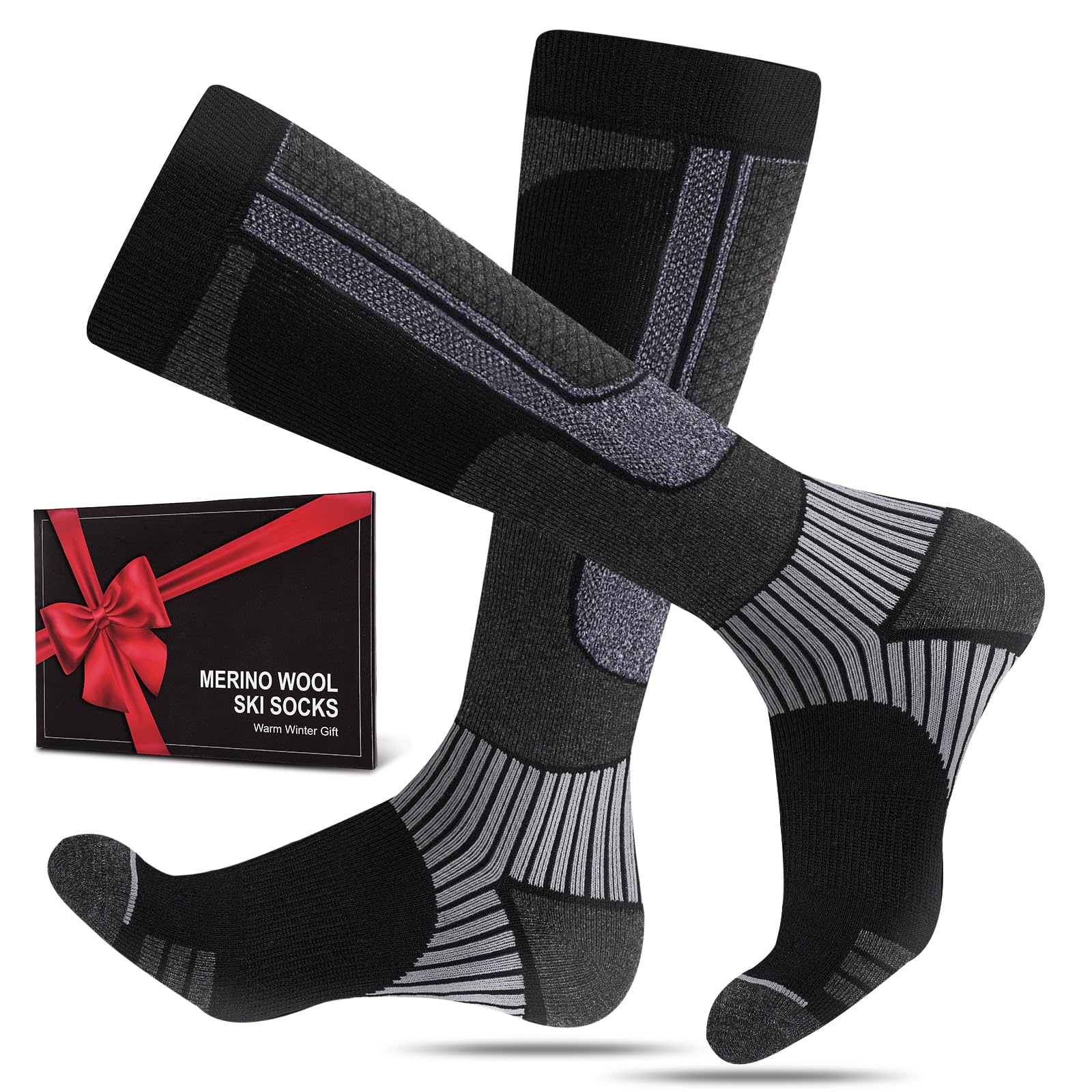 SukModen 2 Paar Skisocken aus Merinowolle für Herren Damen Jugendliche, Warme Merino Socken Thermosocken Dicke Wintersocken für Kaltes Wetter Skifahren Snowboarden, Atmungsaktiv Skistrümpfe 35-50