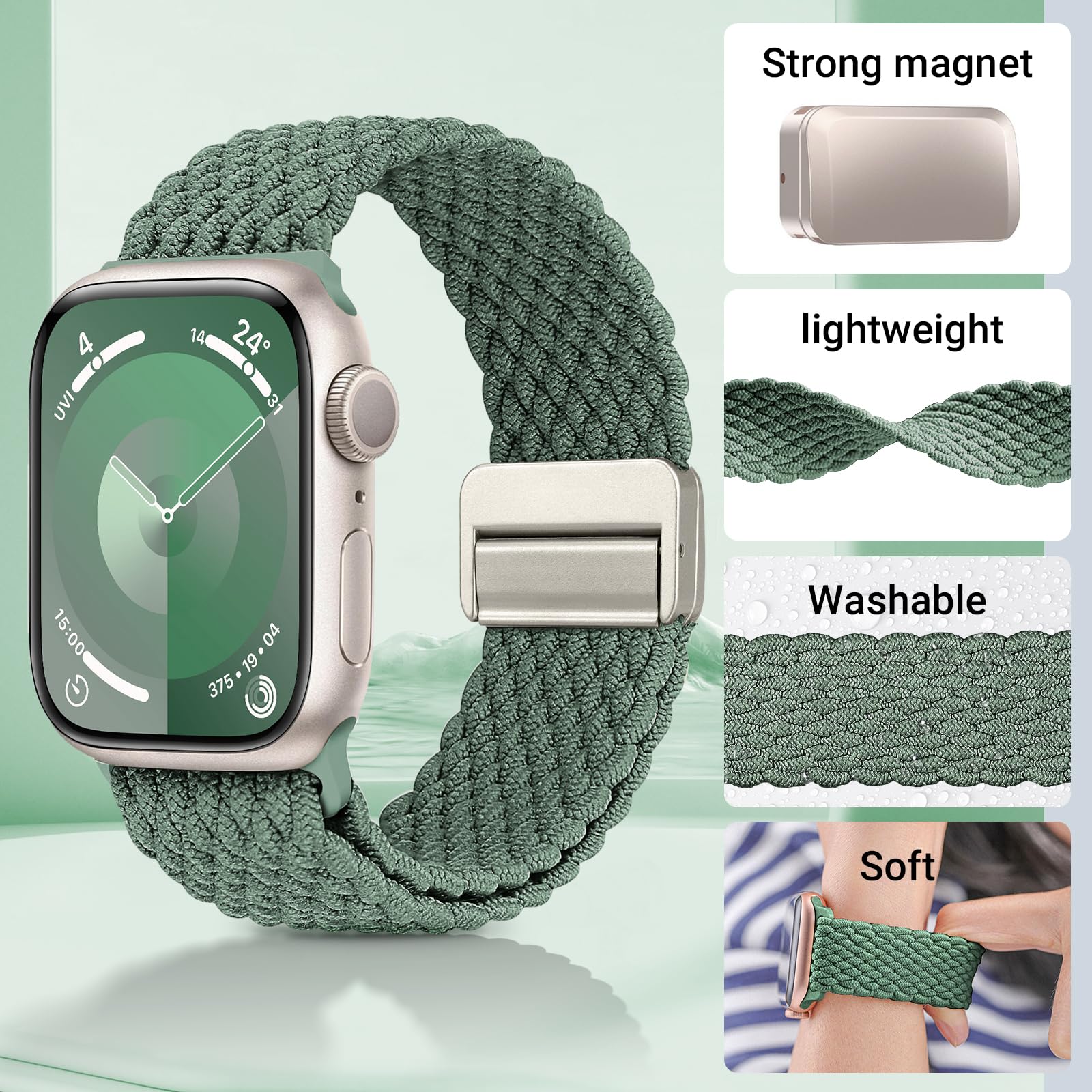 Higgs Cinturino Intrecciato Compatibile con Cinturino Apple Watch 40mm 41mm 38mm 44mm Ultra 2 49mm 45mm 42mm Donna, Chiusura magnetica Cinturini Elastico Nylon per iWatch Serie 9 SE/2 8 7 6 5 4 3 2 1