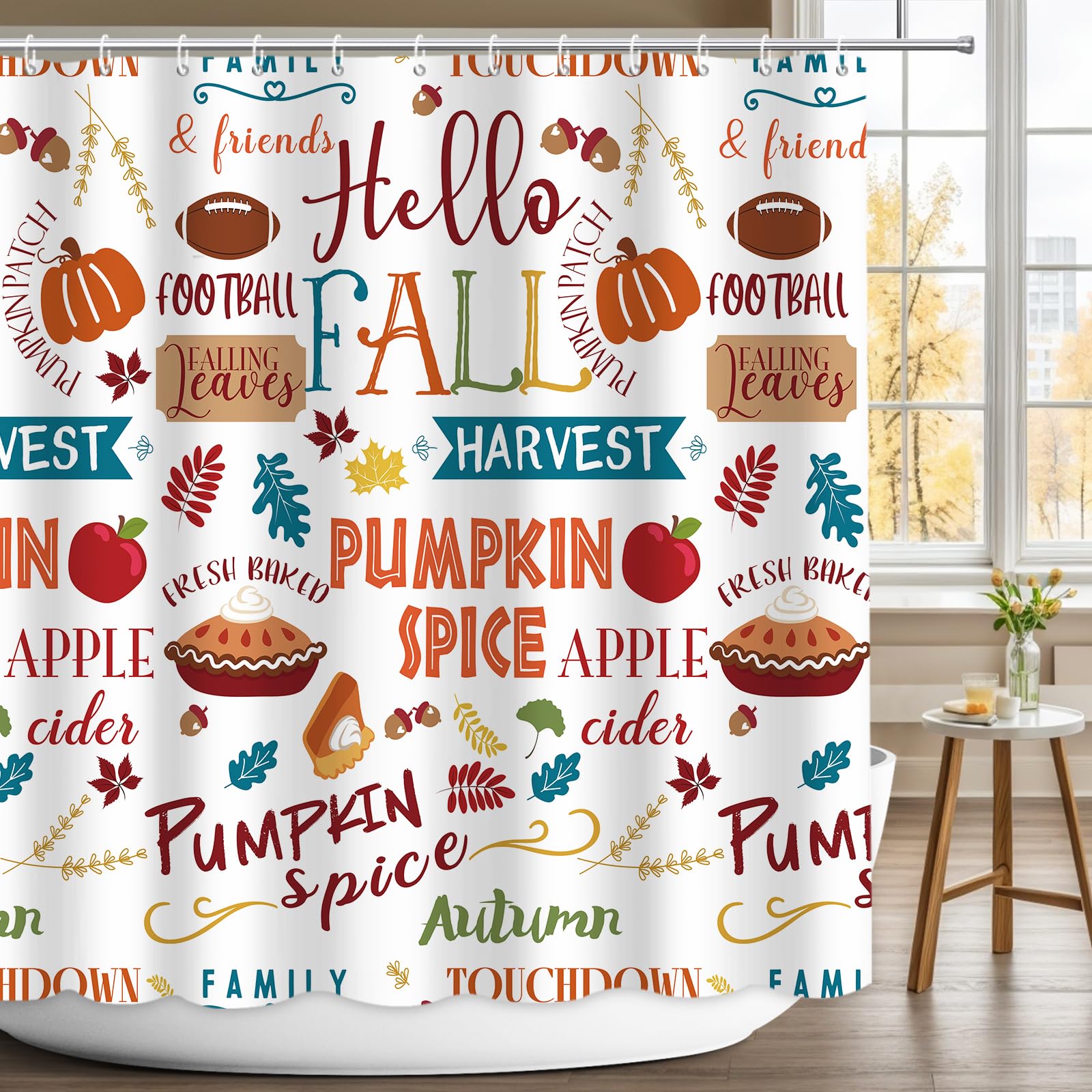 Fall Shower Curtains for Bathroom, Pumpkin Bathroom Curtain, Football Harvest Waterproof Shower Curtain,Autumn Thanksgiving Home Decor with Hooks Machine Washable, 72x72inch