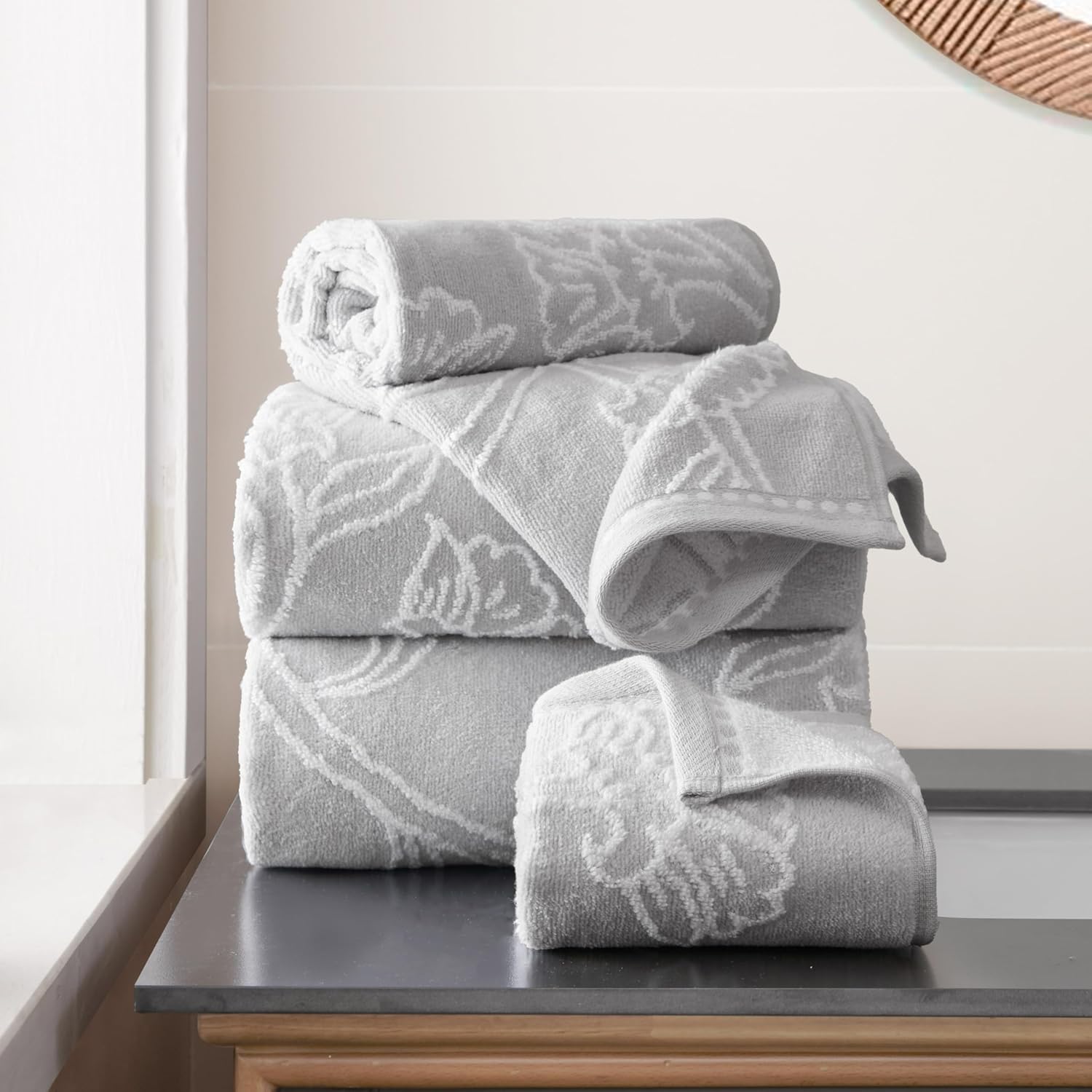 Jessica Simpson Fan Floral Jacquard Towels, Set of 4 with 2 Bath Towels and 2 Hand Towels, Desert Sage