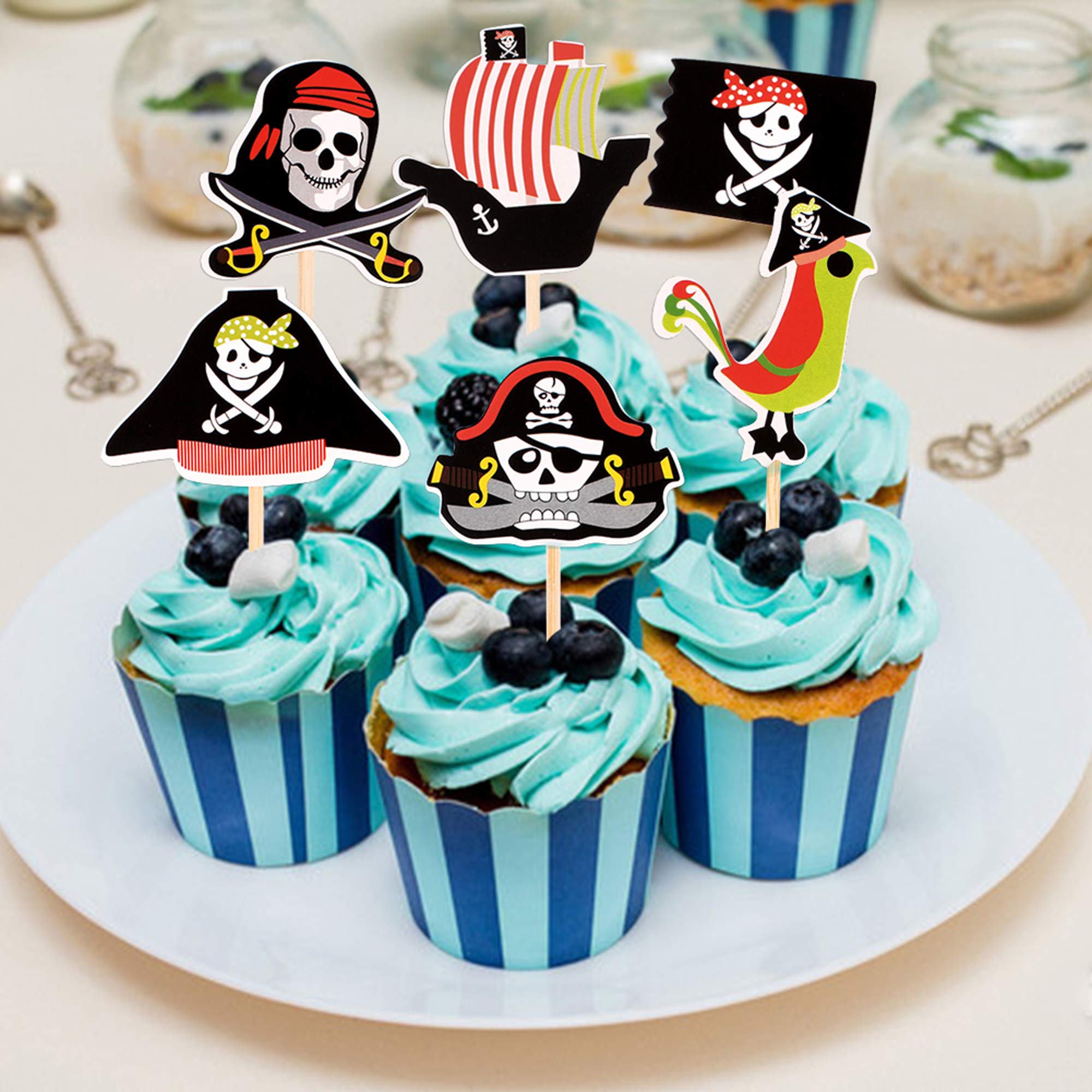 Ercadio Cupcake-Topper Piraten-Motiv – 36 Stück, 6 Designs, Mit Zahnstochern, Für Geburtstag & Mottoparty