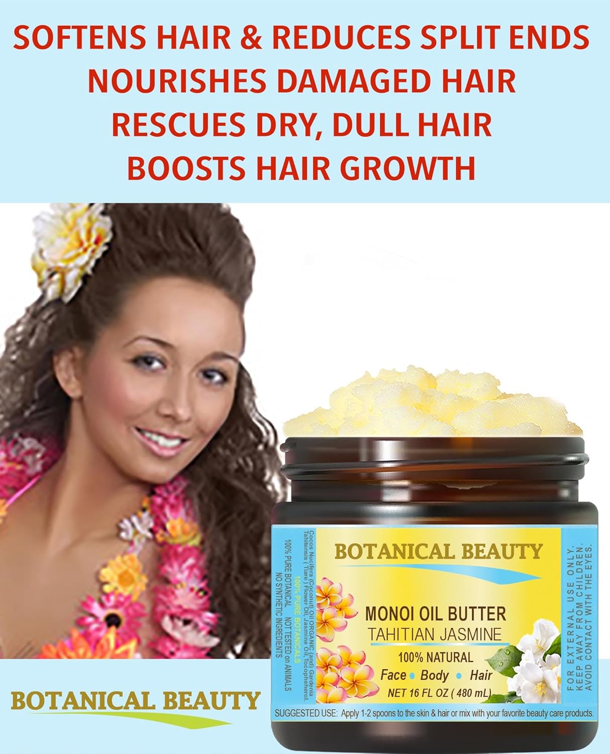 Botanical Beauty MONOI OIL BUTTER TAHITIAN JASMINE Pure Natural Virgin Unrefined RAW for FACE, SKIN, BODY, DAMAGED HAIR, NAILS (16 Fl Oz)