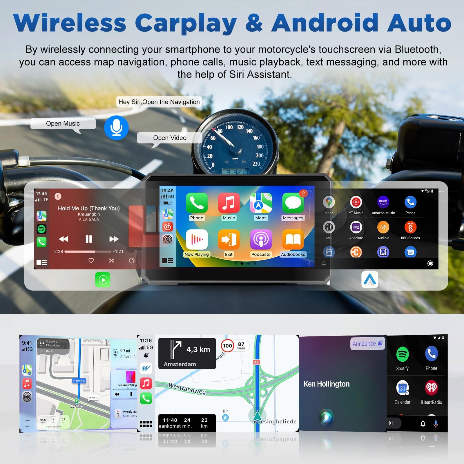 5 Zoll Carplay Motorrad mit kabellosem CarPlay und Android Auto, IP67 Wasserdicht, Reifendrucküberwachung, GPS Navigation und Sprachsteuerung – Für Alle Motorräder Geeignet