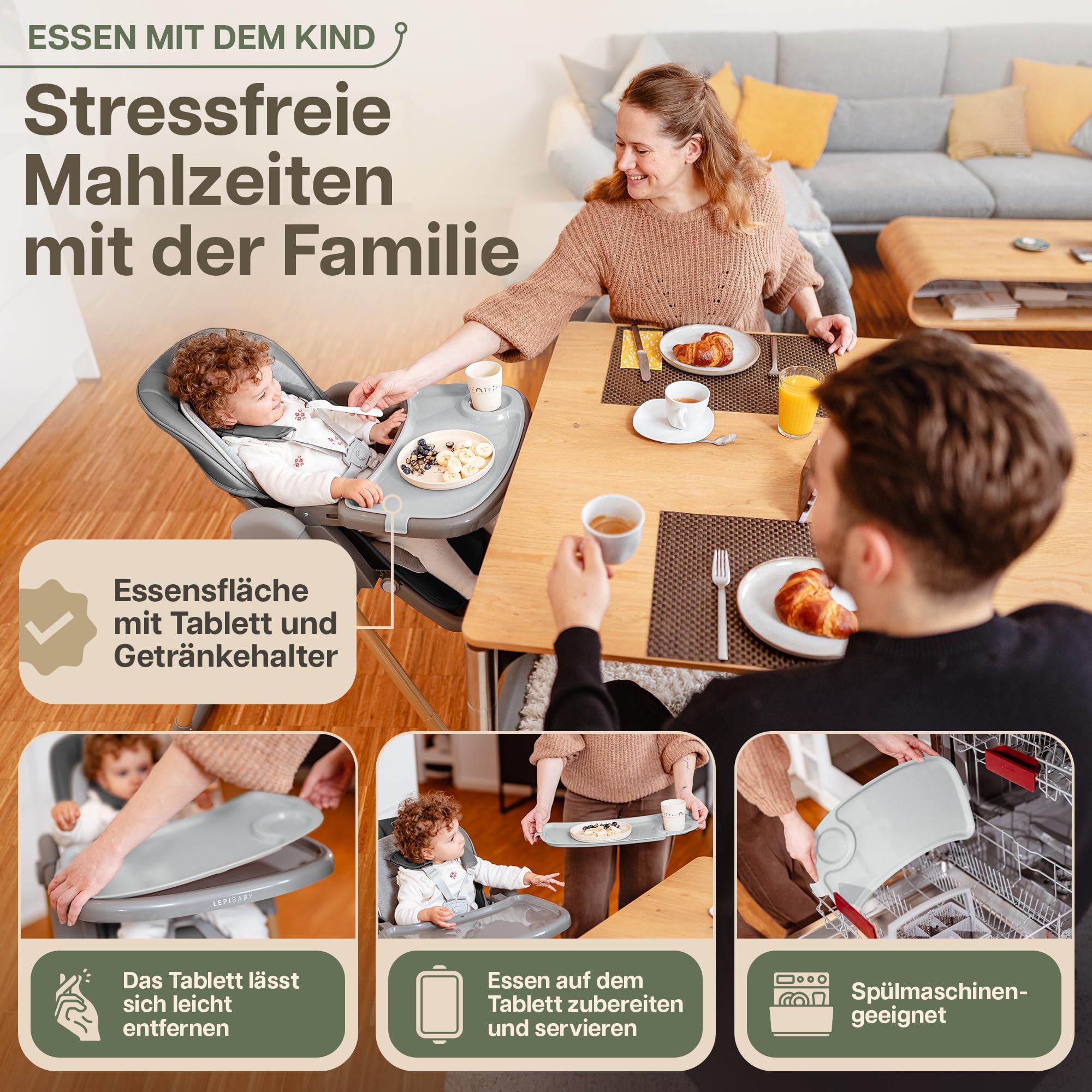 FlexiCo Hochstuhl Baby mit Liegefunktion & Neugeborenenaufsatz, Klappbar & Höhenverstellbar | Kinderstuhl Kinderhochstuhl Babystuhl | Mitwachsend Kind ab Geburt, 1-3 Jahre | Grau